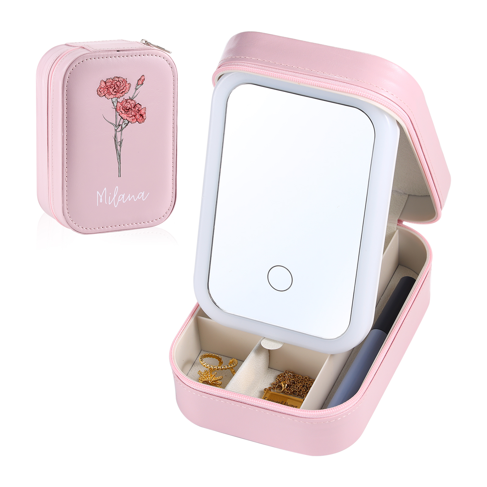 Personalized Birth Flower Portable Leather Jewelry Box with Name and L