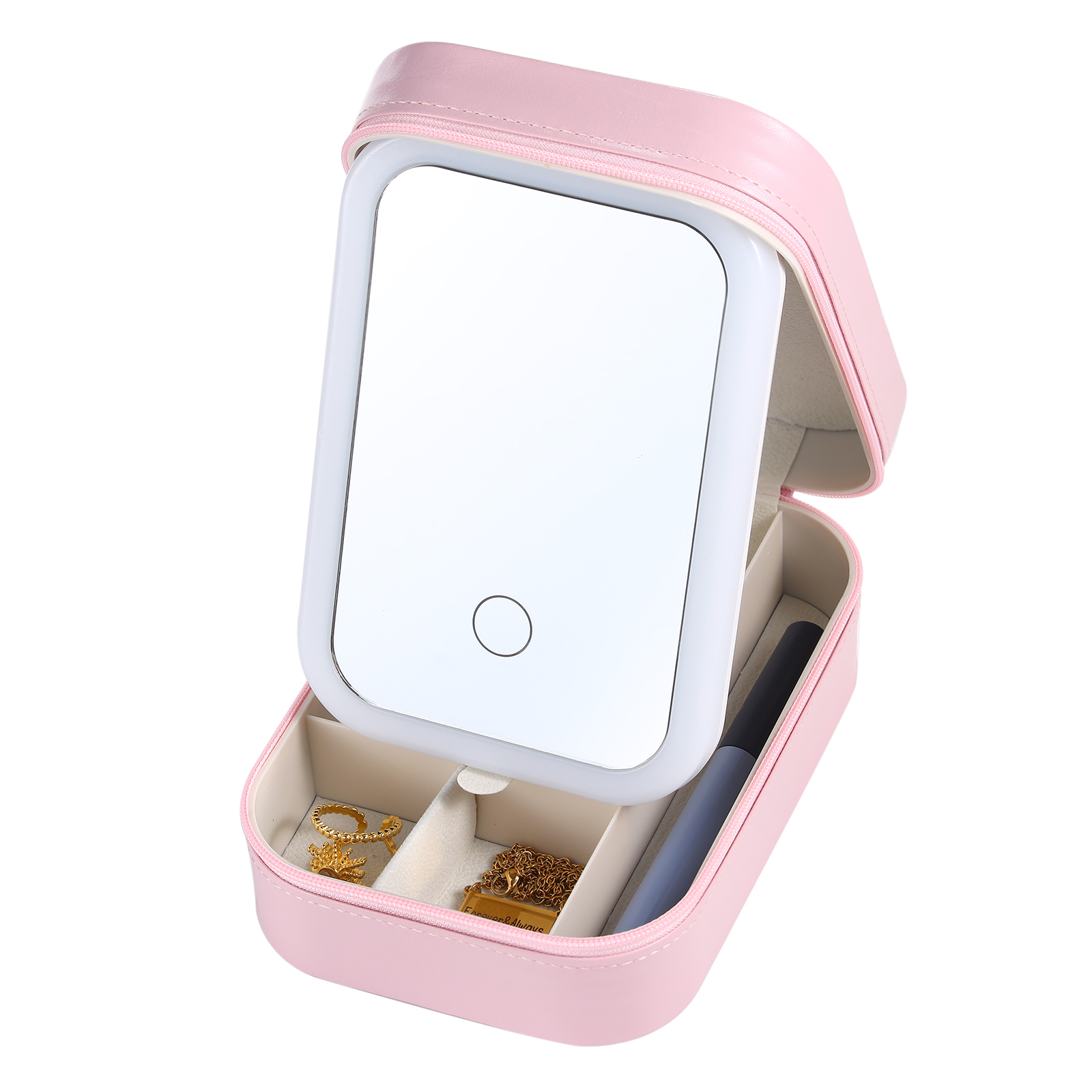 Personalized Birth Flower Portable Leather Jewelry Box with Name and LED Three Color Adjustable Makeup Mirror Travel Essential