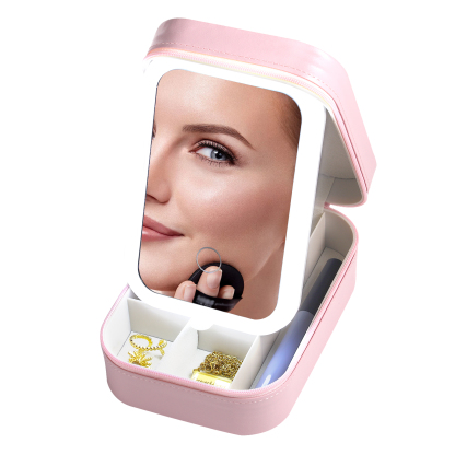 Personalized Birth Flower Portable Leather Jewelry Box with Name and LED Three Color Adjustable Makeup Mirror Travel Essential