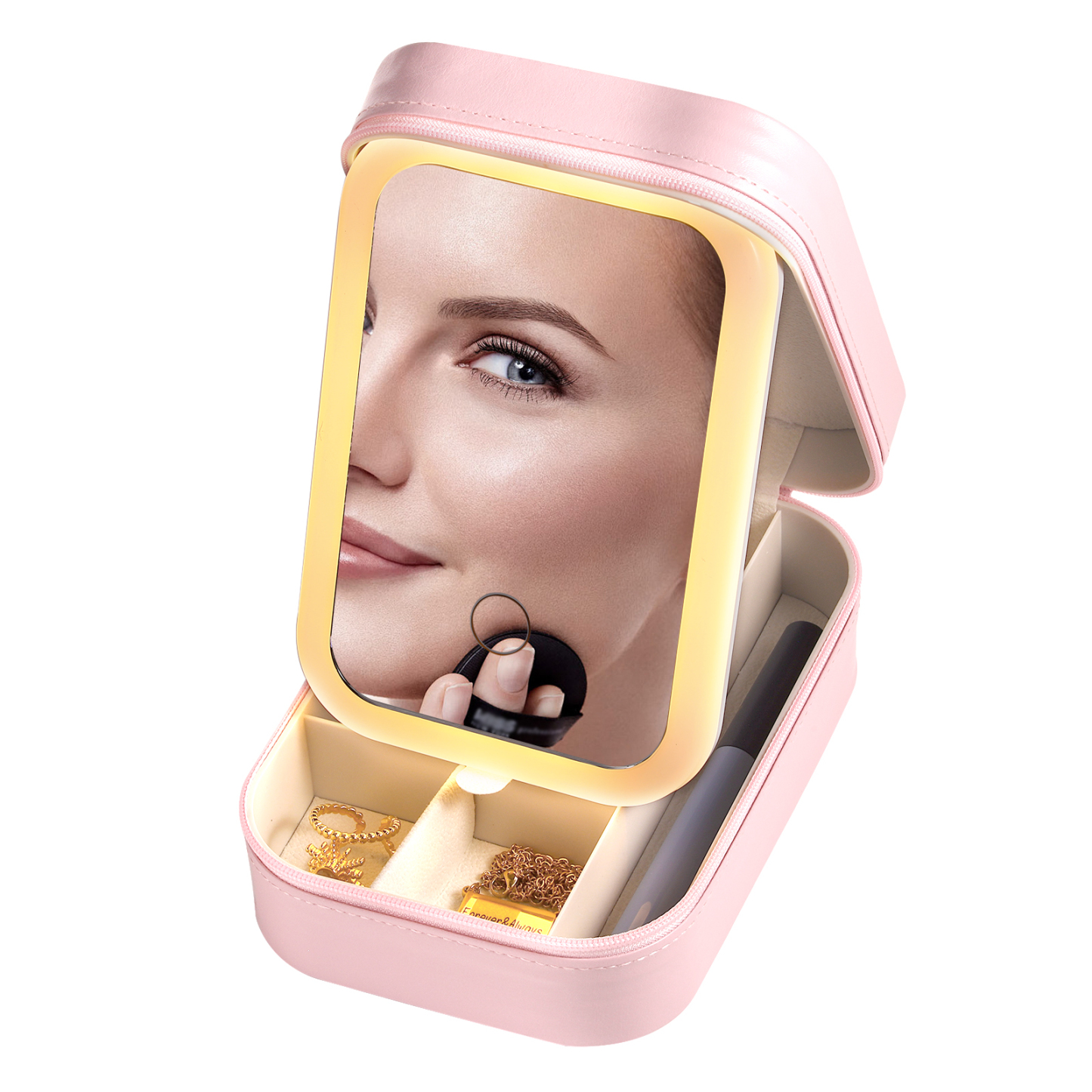 Personalized Birth Flower Portable Leather Jewelry Box with Name and LED Three Color Adjustable Makeup Mirror Travel Essential