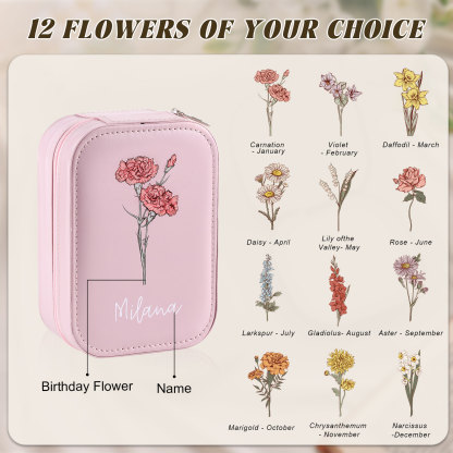 Personalized Birth Flower Portable Leather Jewelry Box with Name and LED Three Color Adjustable Makeup Mirror Travel Essential