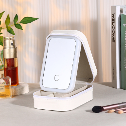 Personalized Birth Flower Portable Leather Jewelry Box with Name and LED Three Color Adjustable Makeup Mirror Travel Essential