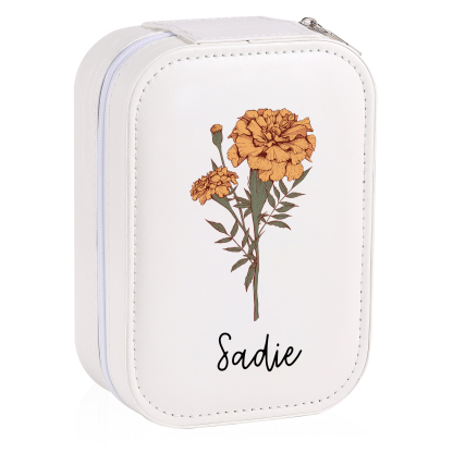 Personalized Birth Flower Portable Leather Jewelry Box with Name and LED Three Color Adjustable Makeup Mirror Travel Essential