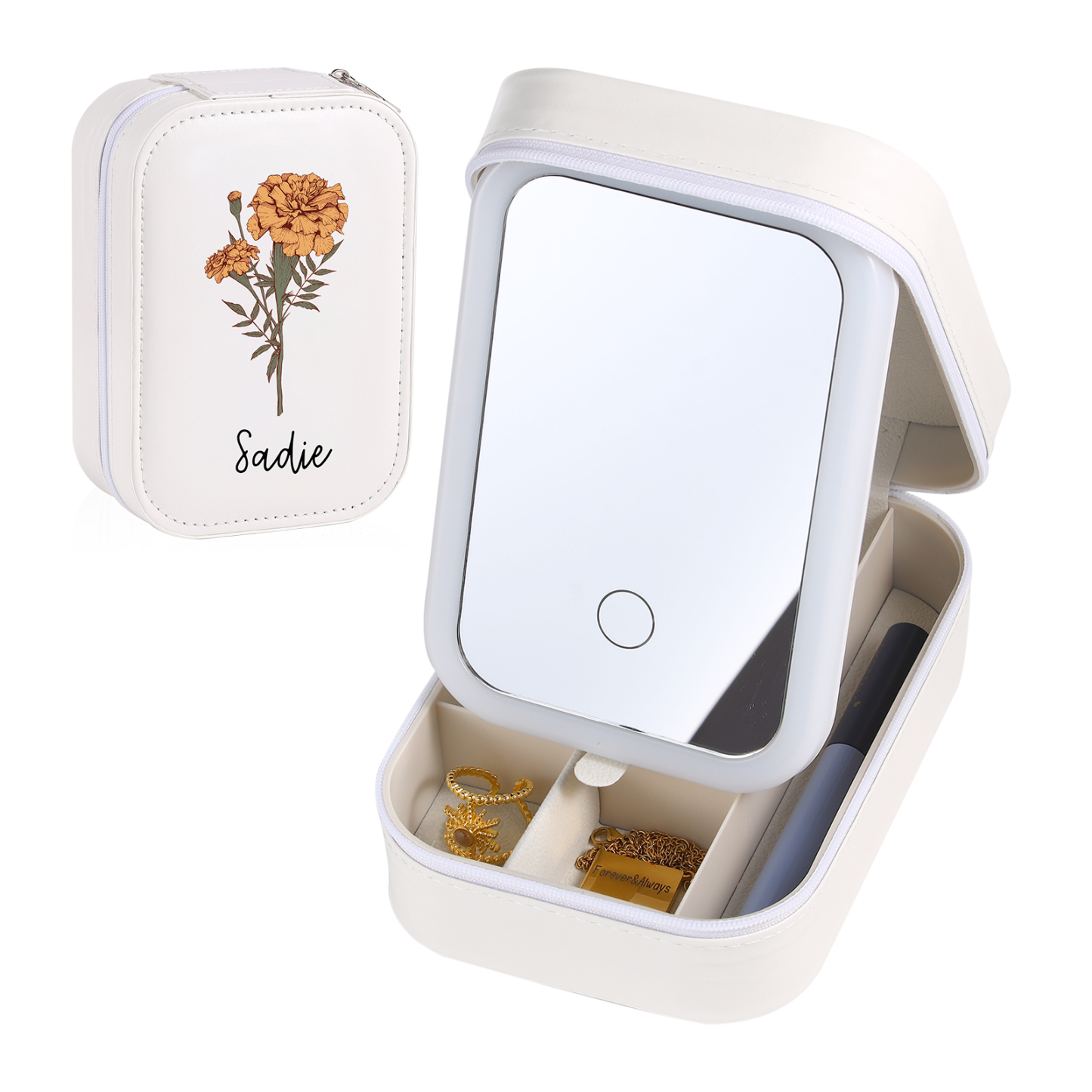Personalized Birth Flower Portable Leather Jewelry Box with Name and LED Three Color Adjustable Makeup Mirror Travel Essential