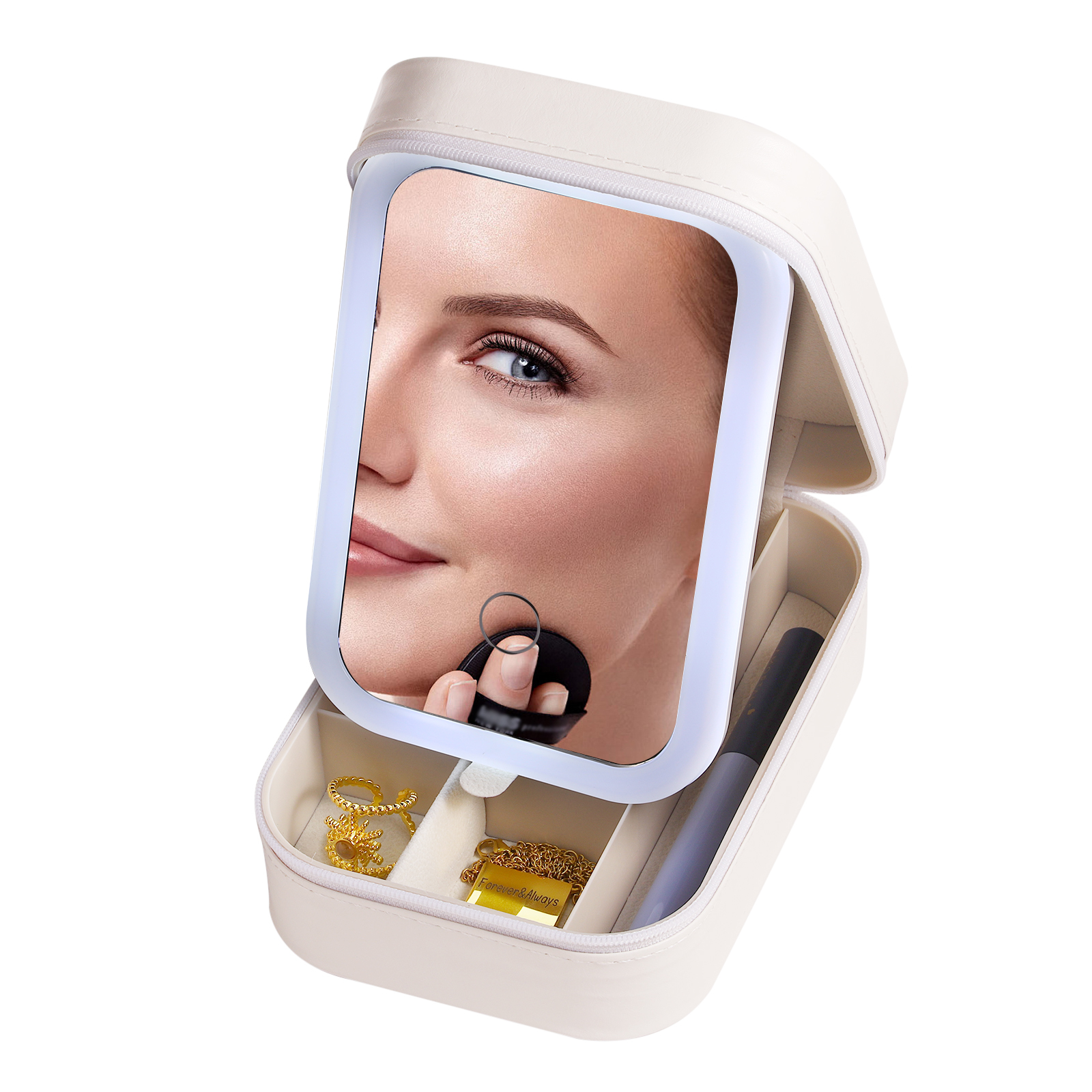 Personalized Birth Flower Portable Leather Jewelry Box with Name and LED Three Color Adjustable Makeup Mirror Travel Essential