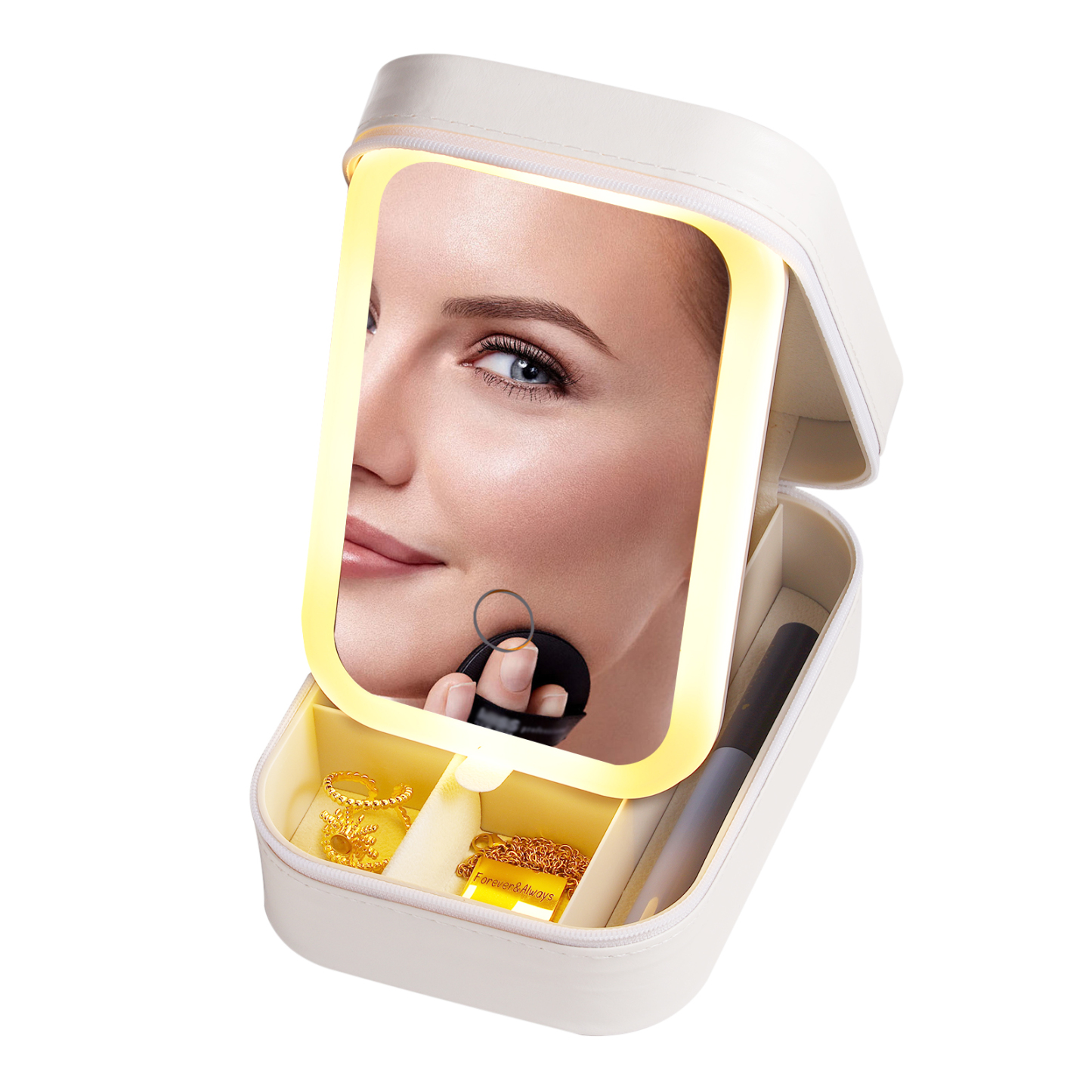 Personalized Birth Flower Portable Leather Jewelry Box with Name and LED Three Color Adjustable Makeup Mirror Travel Essential