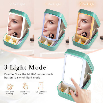 Personalized Birth Flower Portable Leather Jewelry Box with Name and LED Three Color Adjustable Makeup Mirror Travel Essential
