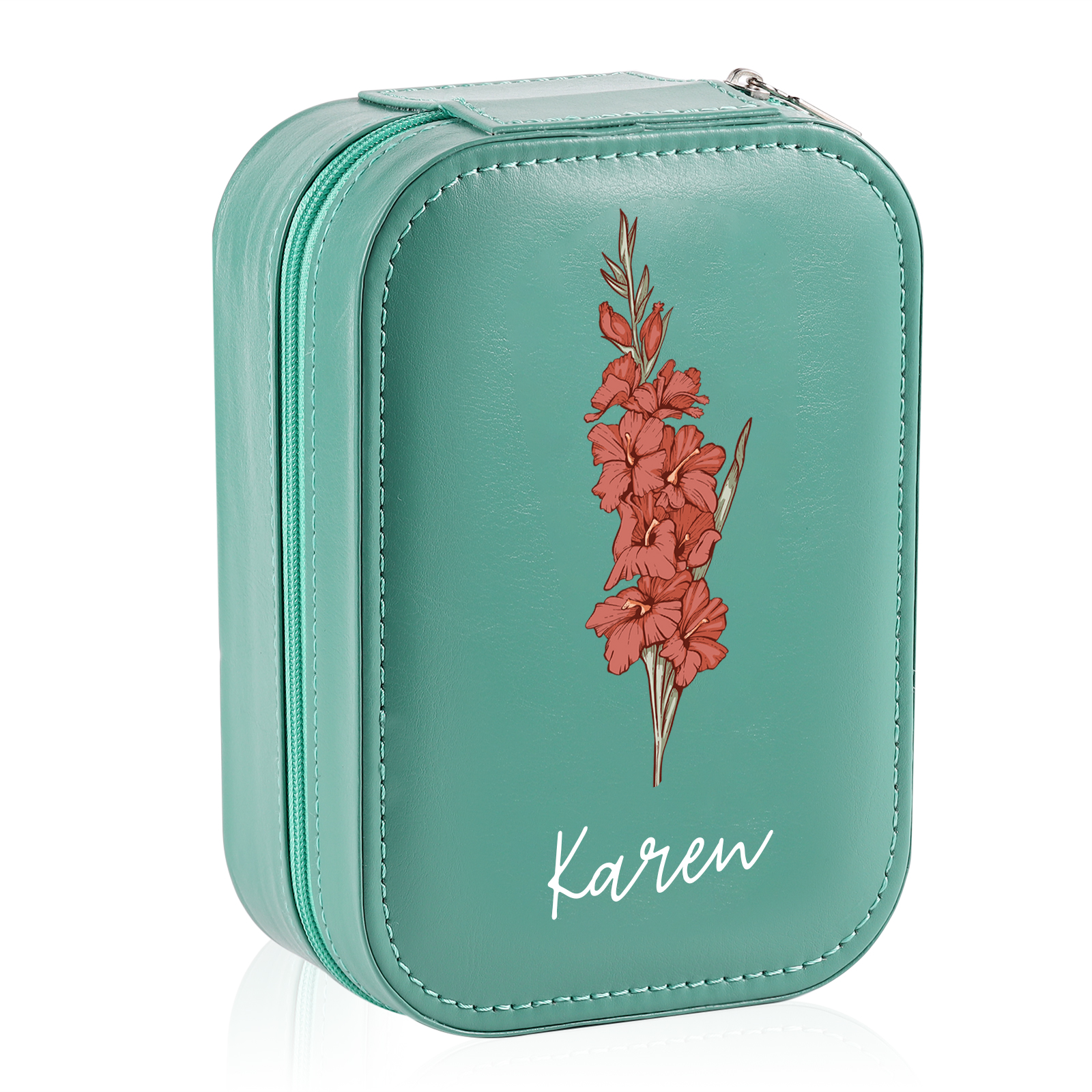 Personalized Birth Flower Portable Leather Jewelry Box with Name and LED Three Color Adjustable Makeup Mirror Travel Essential