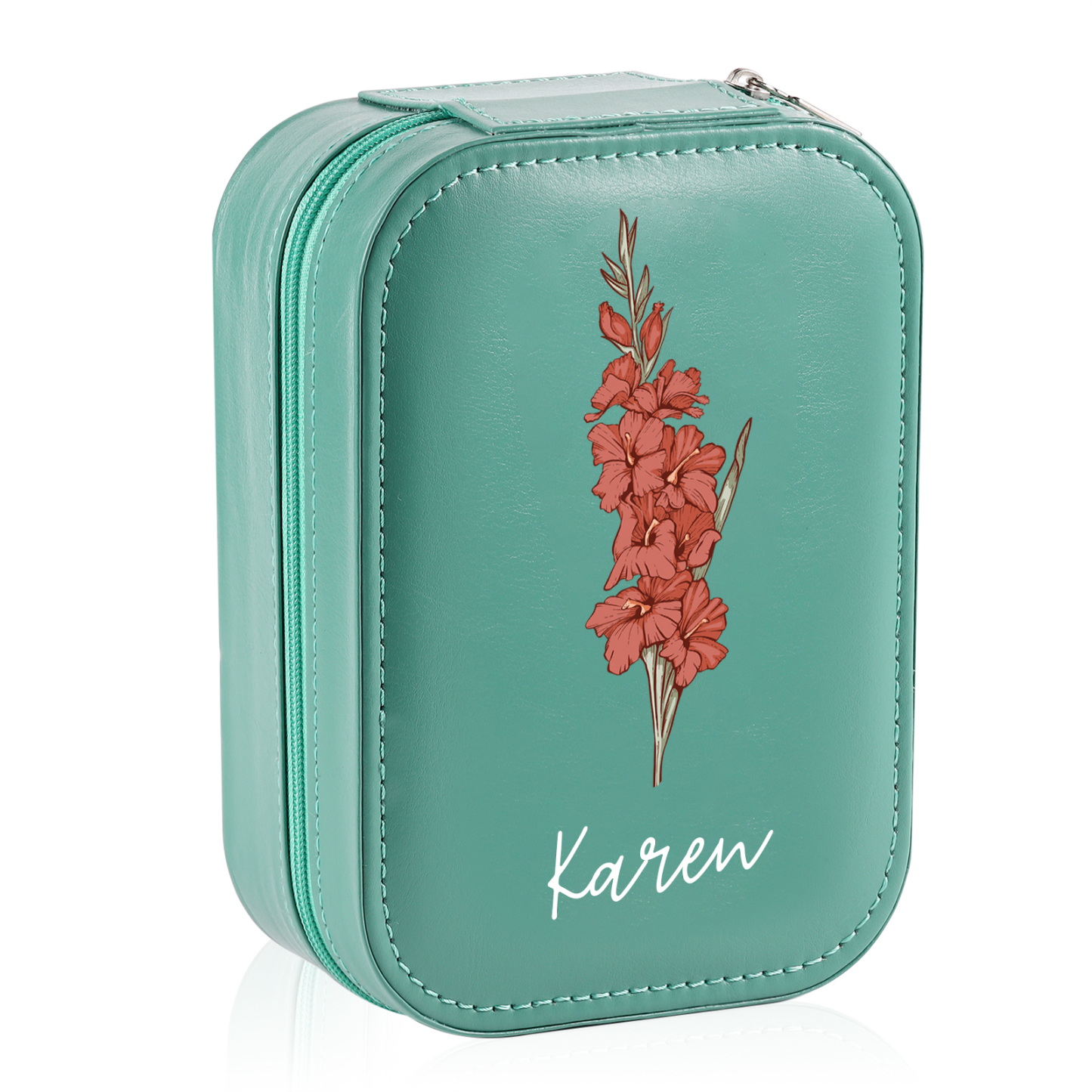 Personalized Birth Flower Portable Leather Jewelry Box with Name and LED Three Color Adjustable Makeup Mirror Travel Essential