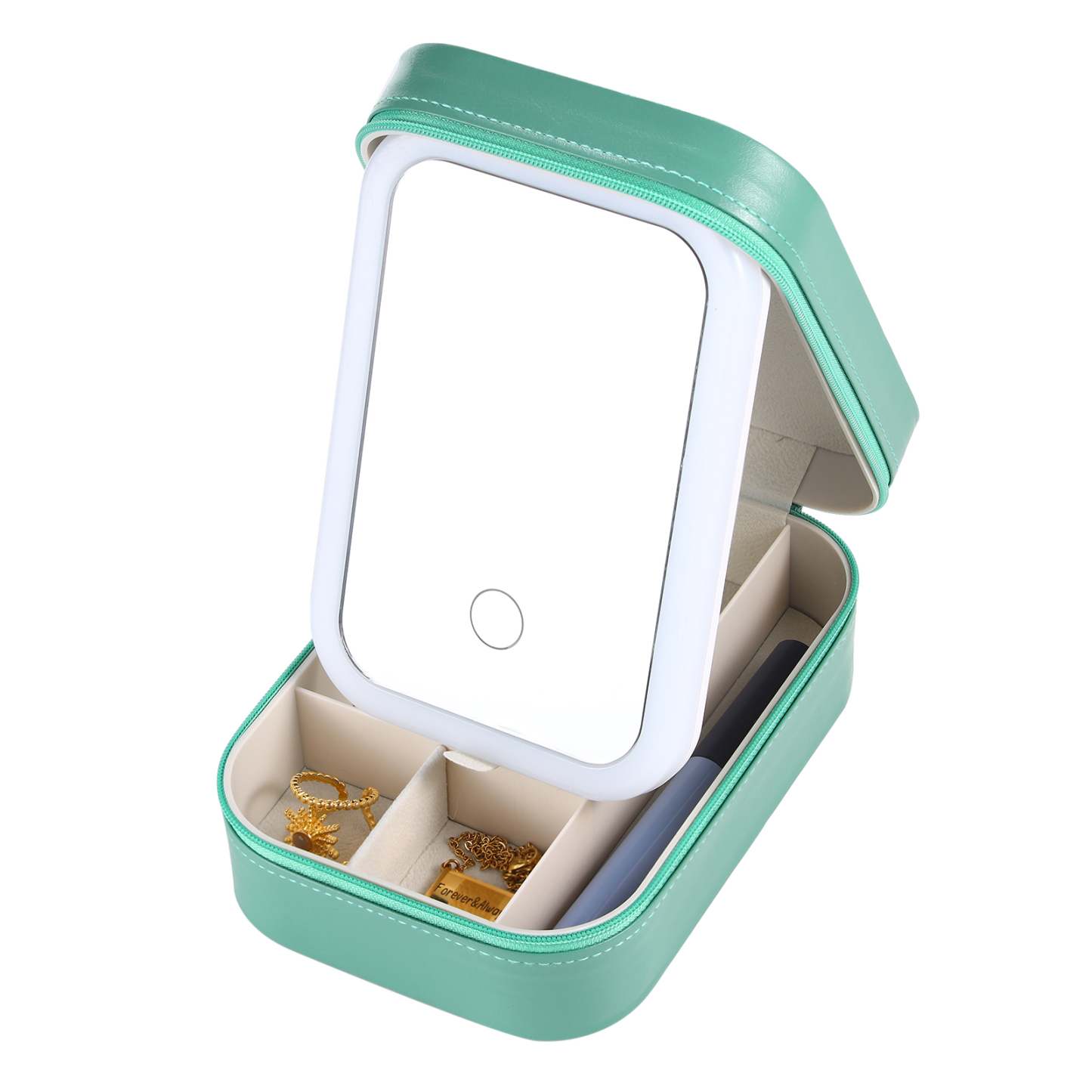 Personalized Birth Flower Portable Leather Jewelry Box with Name and LED Three Color Adjustable Makeup Mirror Travel Essential