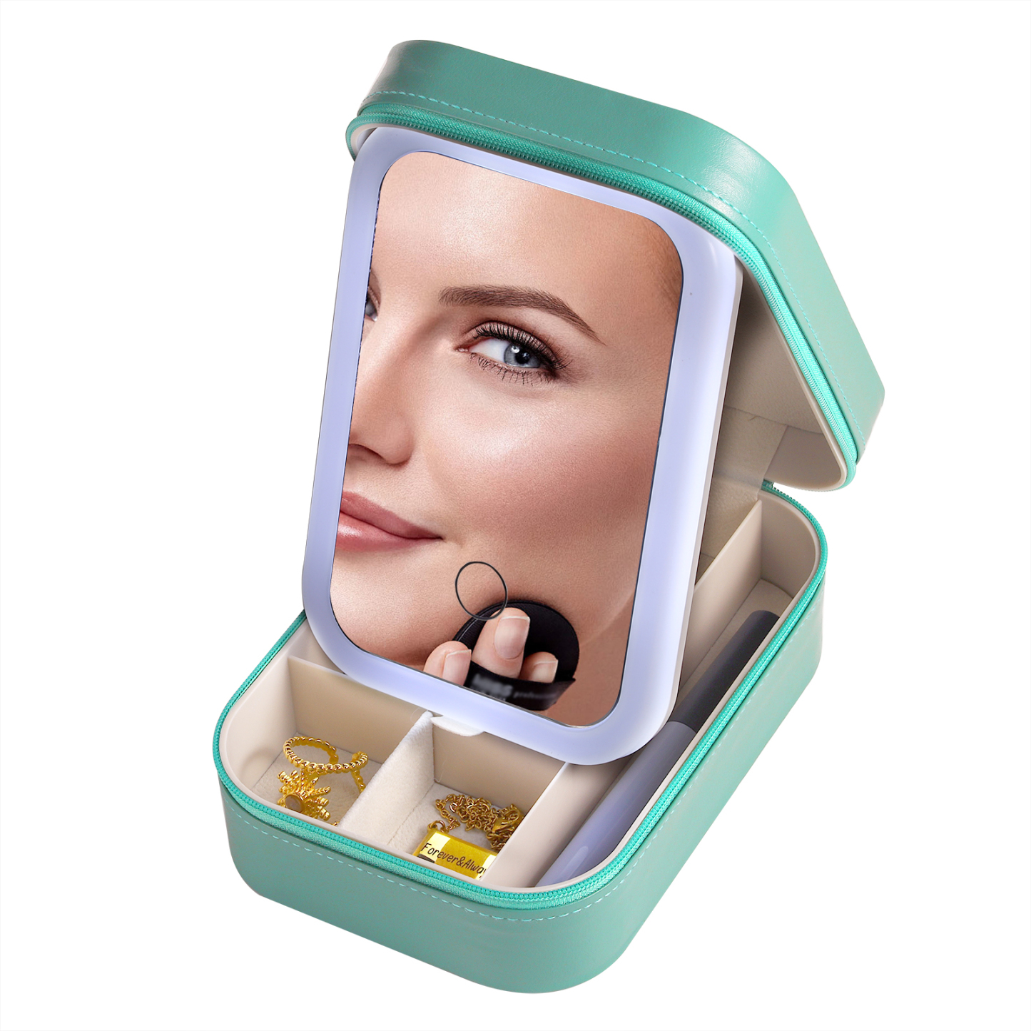 Personalized Birth Flower Portable Leather Jewelry Box with Name and LED Three Color Adjustable Makeup Mirror Travel Essential