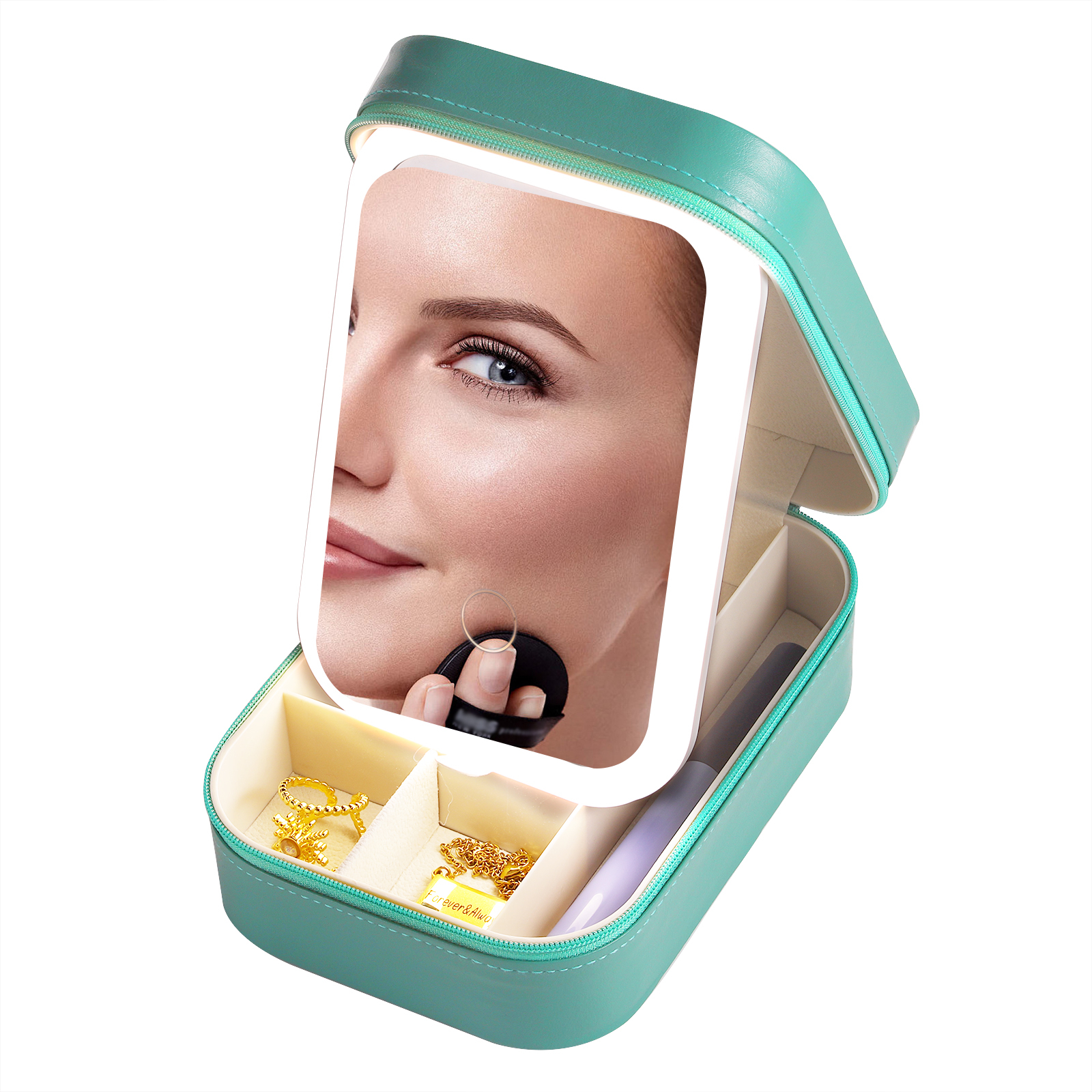 Personalized Birth Flower Portable Leather Jewelry Box with Name and LED Three Color Adjustable Makeup Mirror Travel Essential