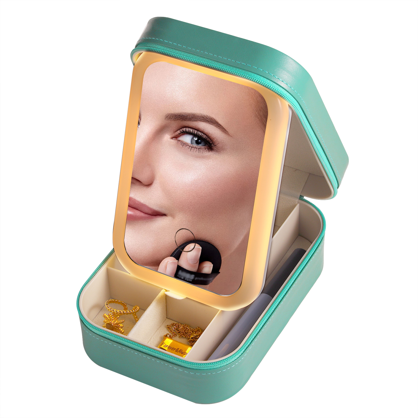 Personalized Birth Flower Portable Leather Jewelry Box with Name and LED Three Color Adjustable Makeup Mirror Travel Essential