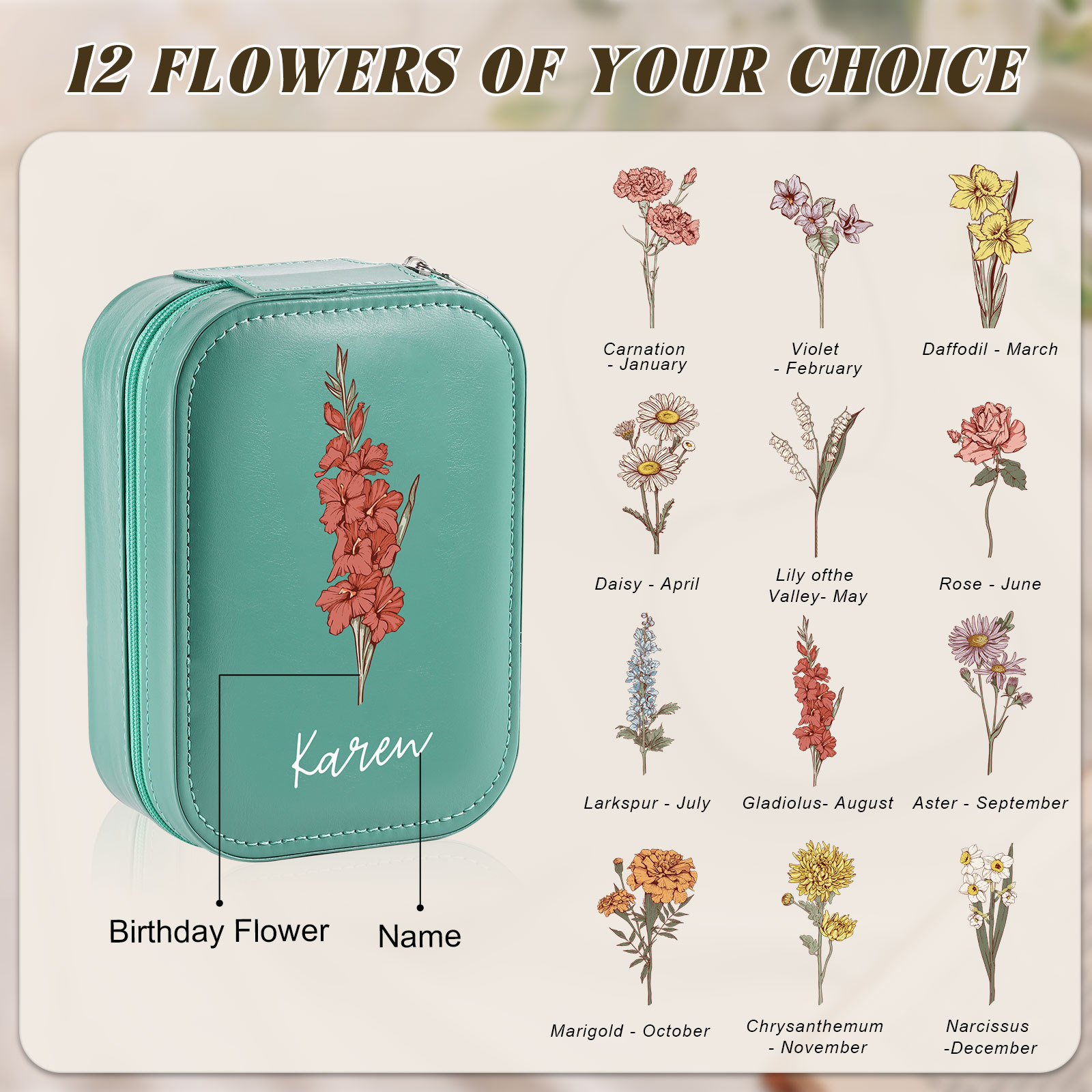 Personalized Birth Flower Portable Leather Jewelry Box with Name and LED Three Color Adjustable Makeup Mirror Travel Essential