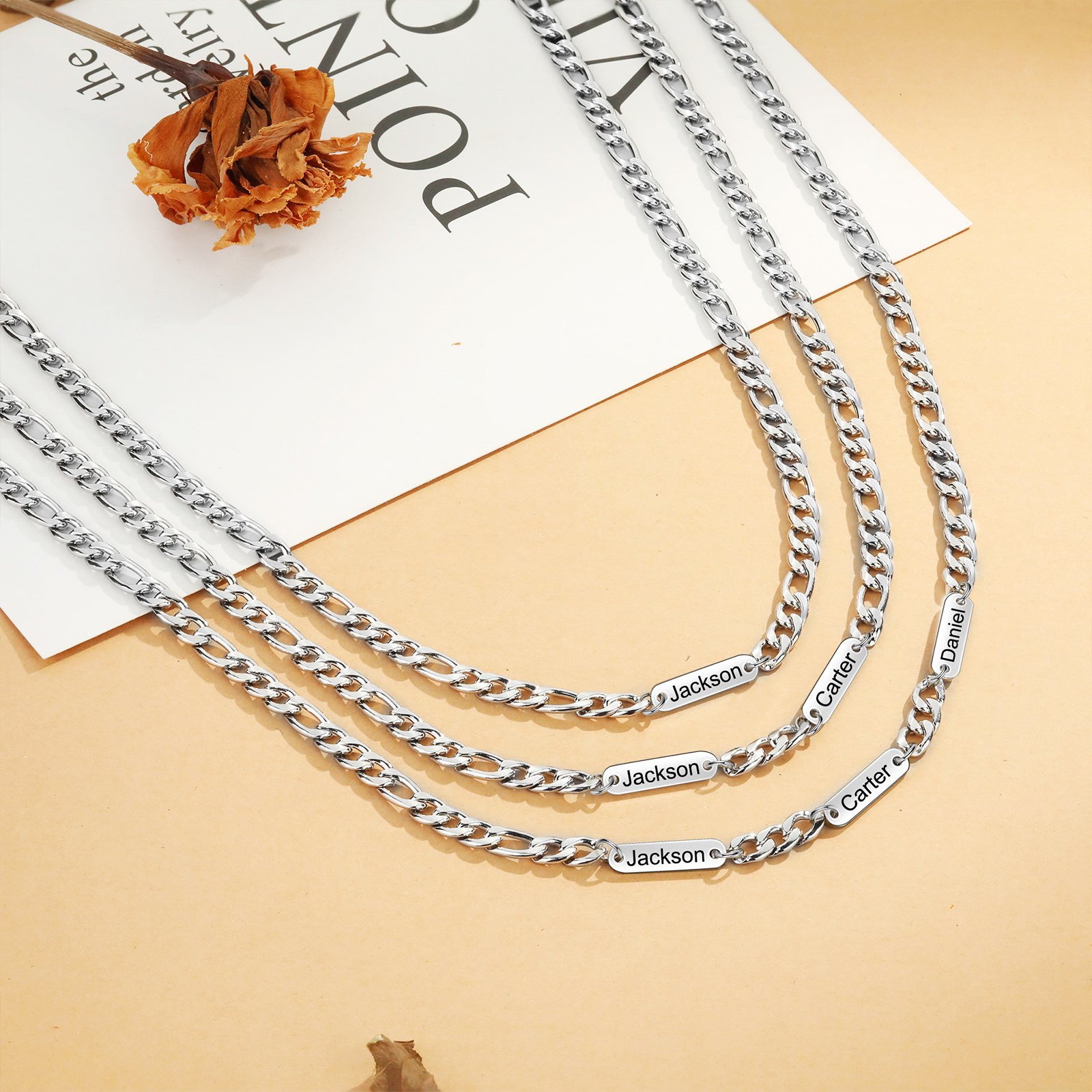 Mens Personalized Necklace Custom 1 to 3 Names Adjustable Stainless Steel Valentine’s Day Gift for Him