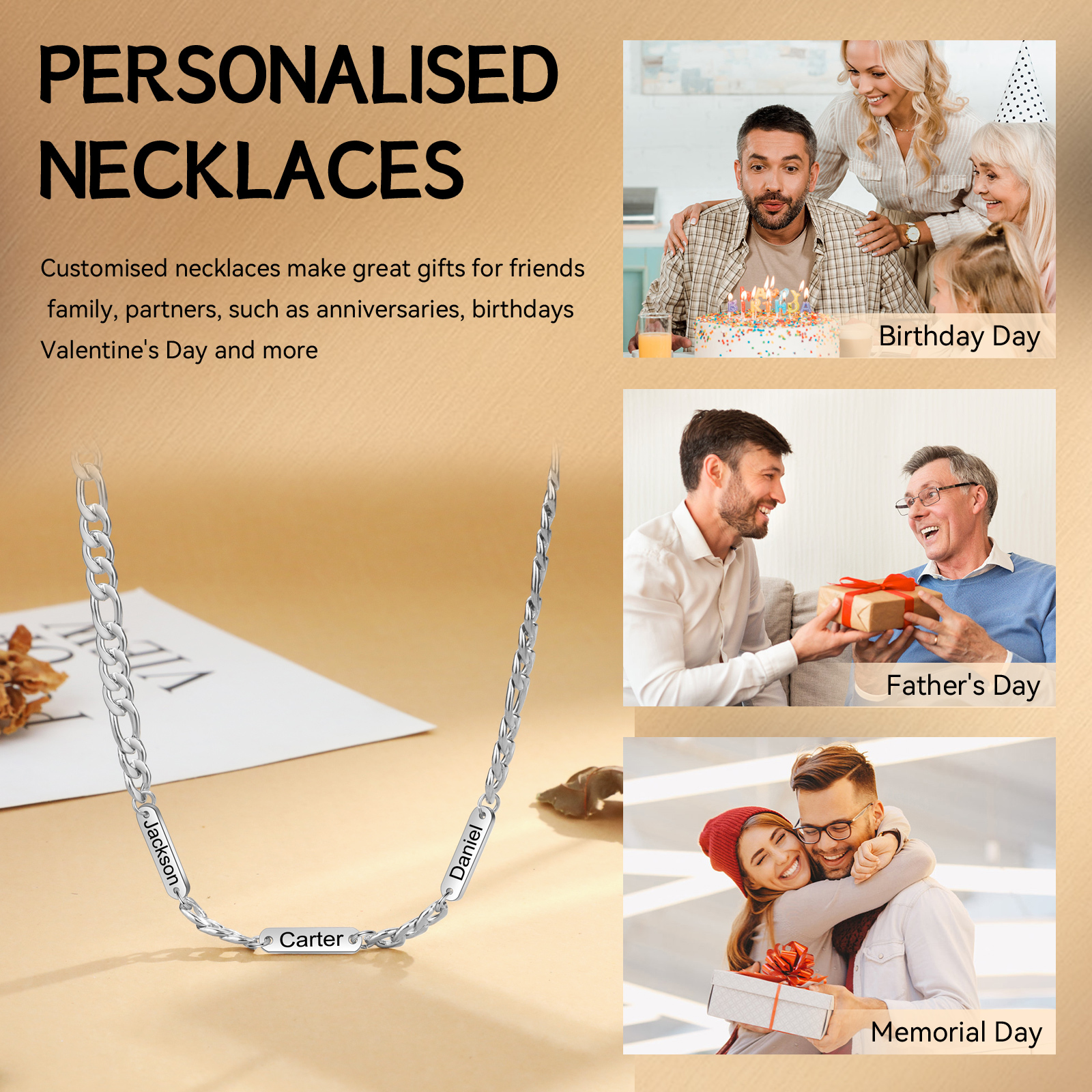 Mens Personalized Necklace Custom 1 to 3 Names Adjustable Stainless Steel Valentine’s Day Gift for Him