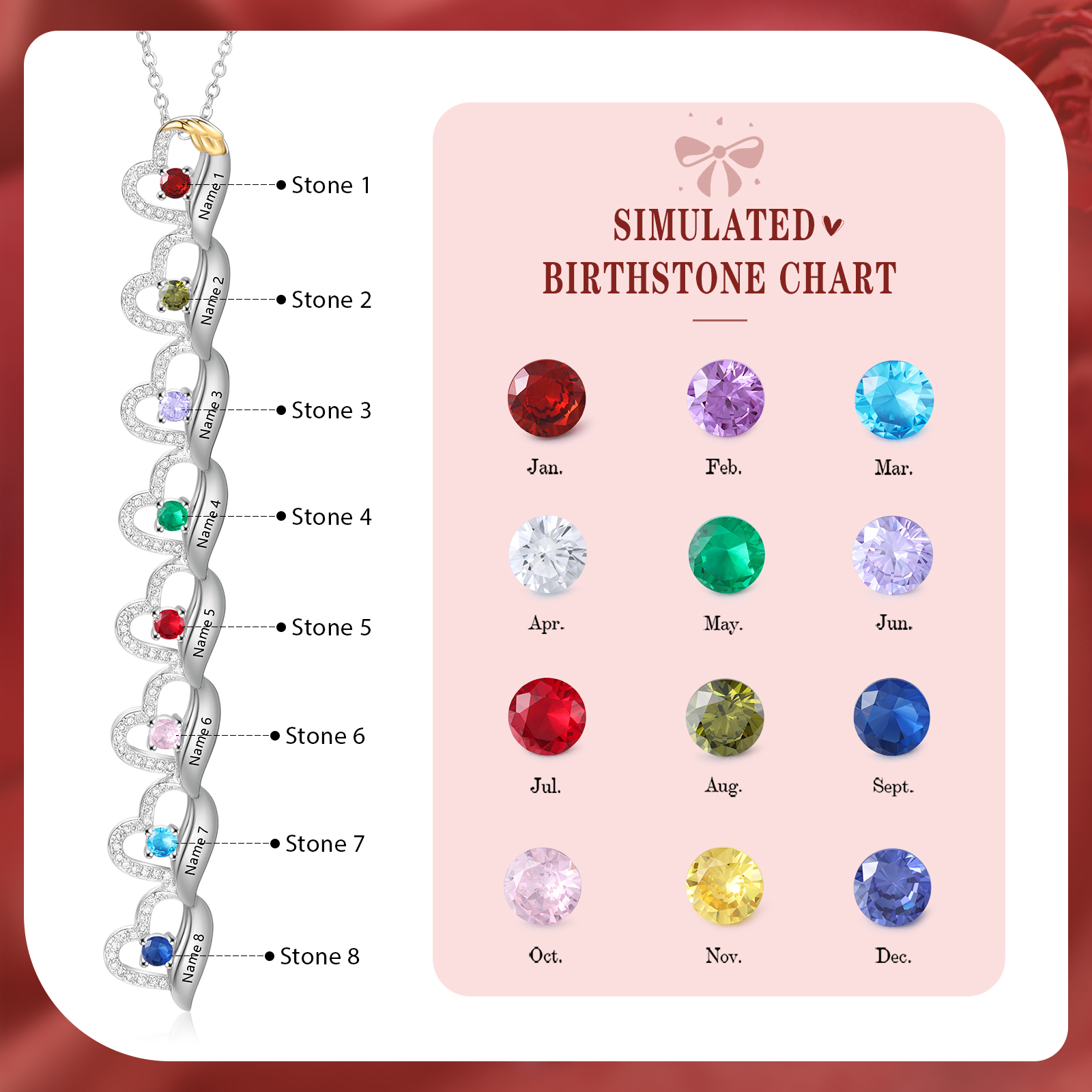 Personalized Heart Necklace, Customized 8 Names and 8 Birthstones Women's Pendant Necklace Gift for Grandma | Jessemade