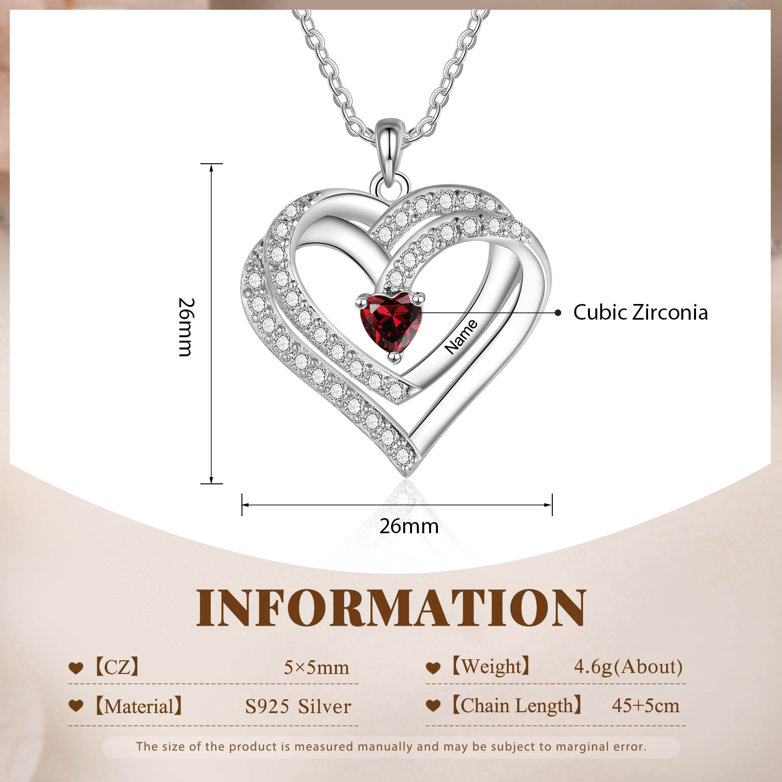 S925 Love Heart Personalized Birthstone and Name Necklace Custom 1 to 4 Names and Birthstones Double Heart Necklace Gift for Her