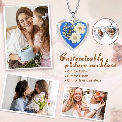 Personalized Locket Necklace Forget Me Not Pressed Flower Necklace Customizable with 2 Photos Gift for Her