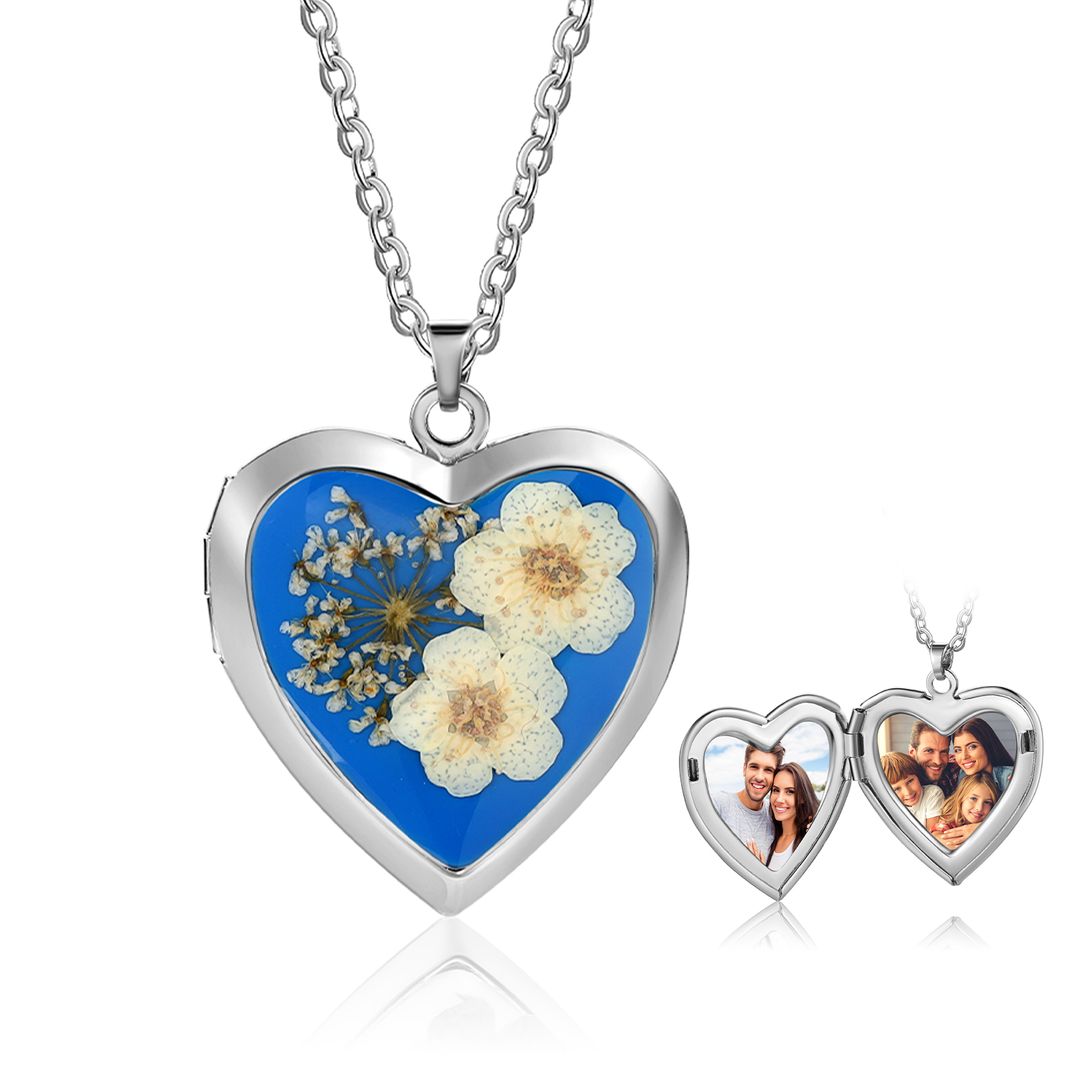 Personalized Locket Necklace Forget Me Not Pressed Flower Necklace Customizable with 2 Photos Gift for Her