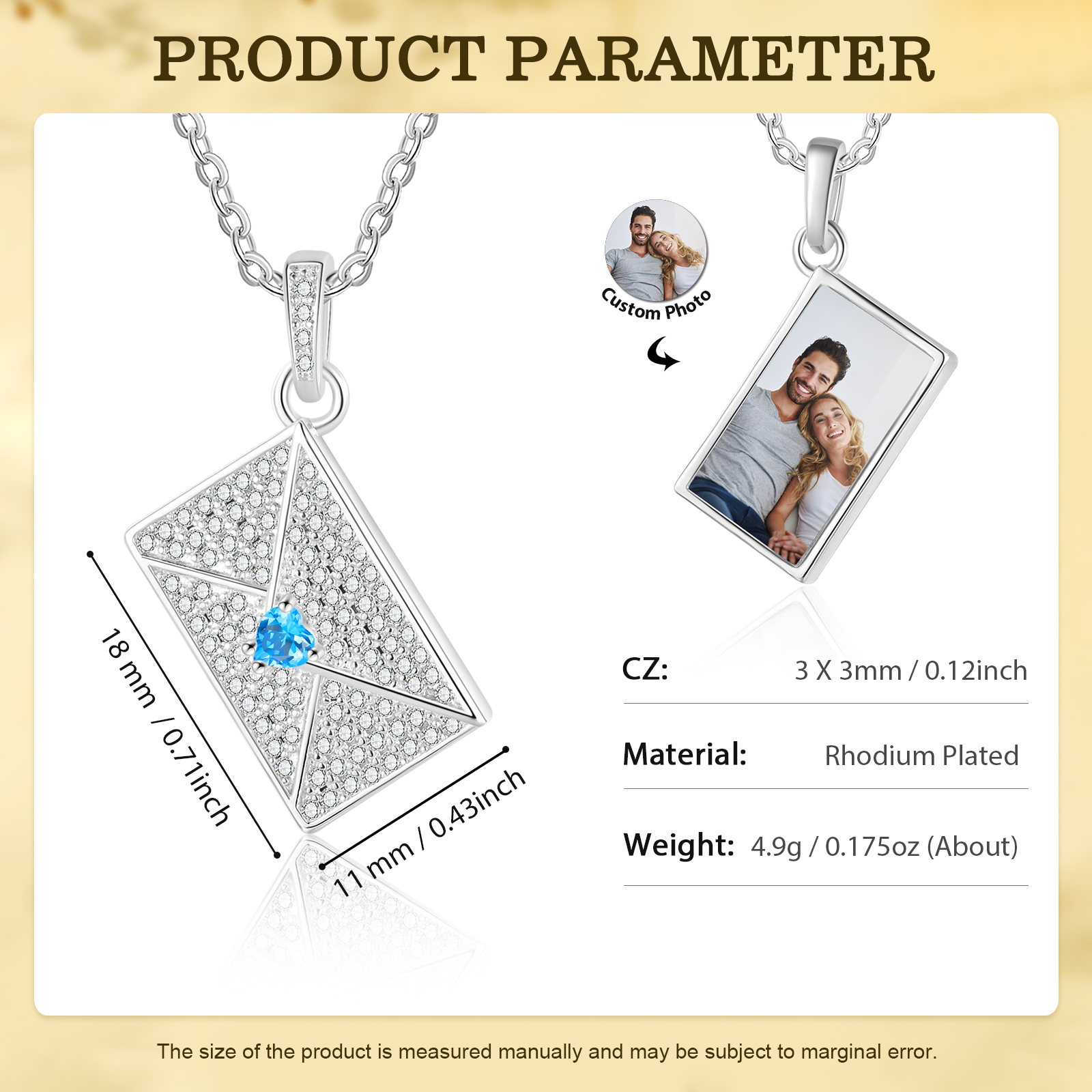 Personalised Necklace with Photo Envelope Pendant in Silver Gold Black or Rose Gold Gift for Her