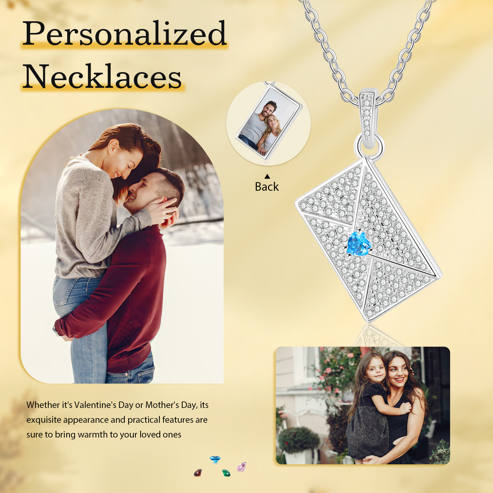 Personalised Necklace with Photo Envelope Pendant in Silver Gold Black or Rose Gold Gift for Her