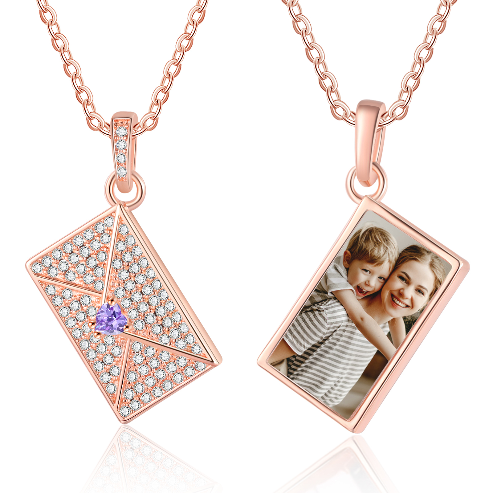 Personalised Necklace with Photo Envelope Pendant in Silver Gold Black or Rose Gold Gift for Her