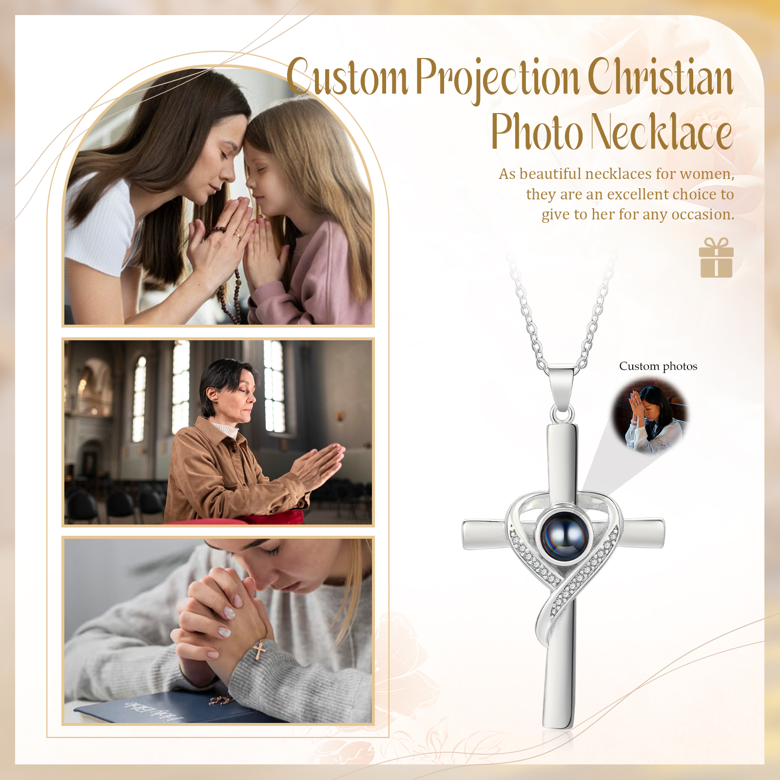 Personalized Cross Heart Projection Necklace Customized Photo Gift for Her