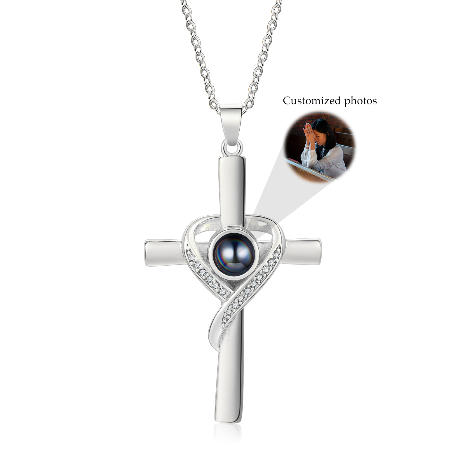 Personalized Cross Heart Projection Necklace Customized Photo Gift for