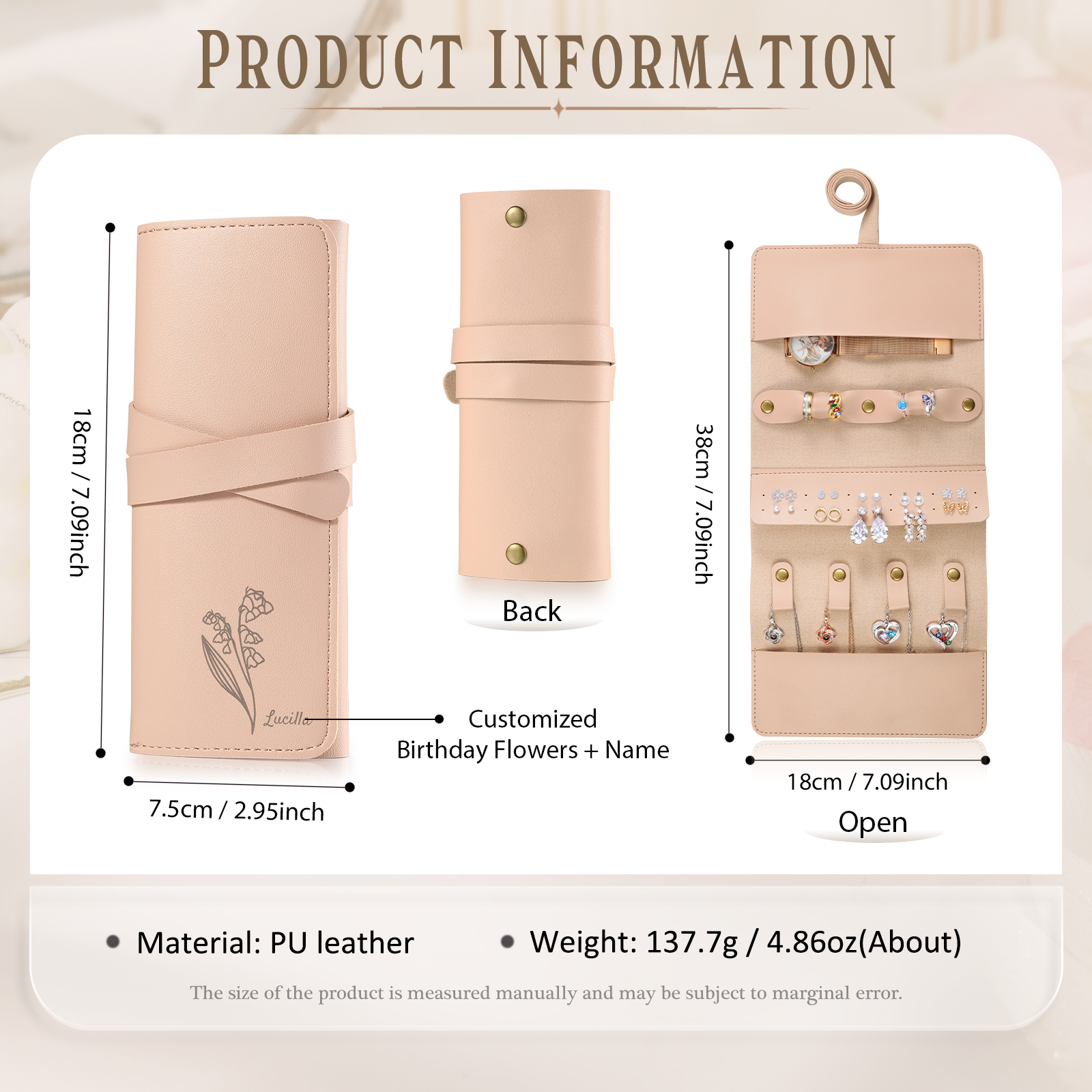 Personalised Jewellery Storage Roll Custom Birthday Flower Design Romantic Gift for Her | Lorajewel