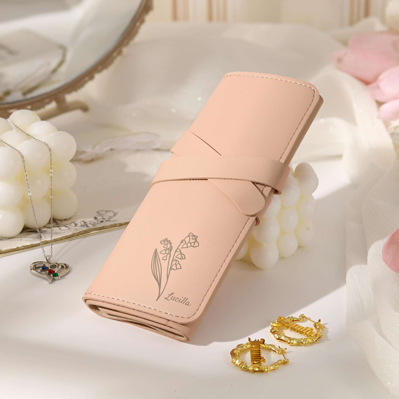 Personalised Jewellery Storage Roll Custom Birthday Flower Design Romantic Gift for Her | Lorajewel