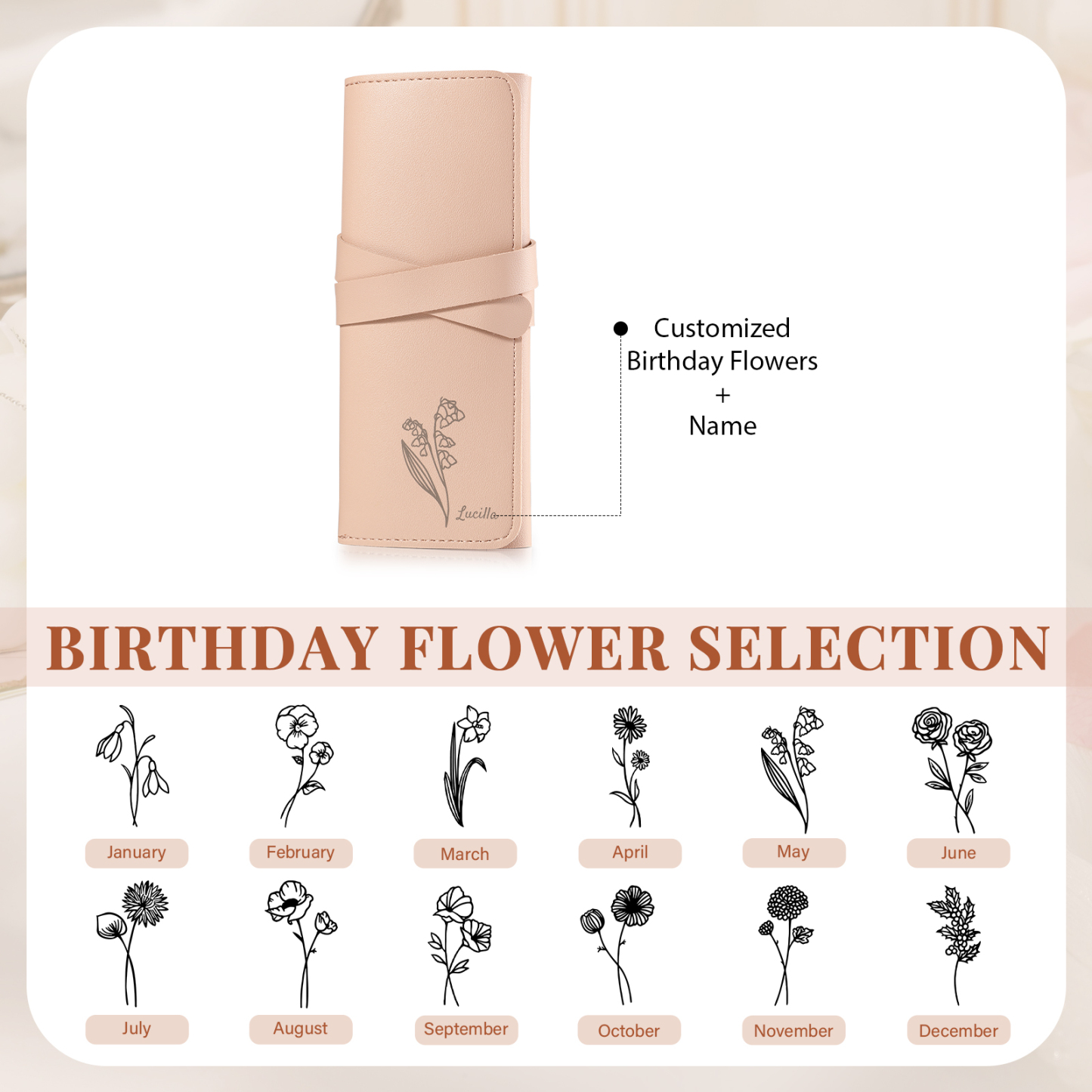 Personalised Jewellery Storage Roll Custom Birthday Flower Design Romantic Gift for Her | Lorajewel