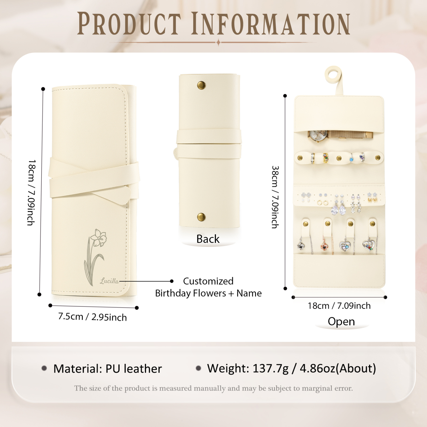 Personalised Jewellery Storage Roll Custom Birthday Flower Design Romantic Gift for Her | Lorajewel