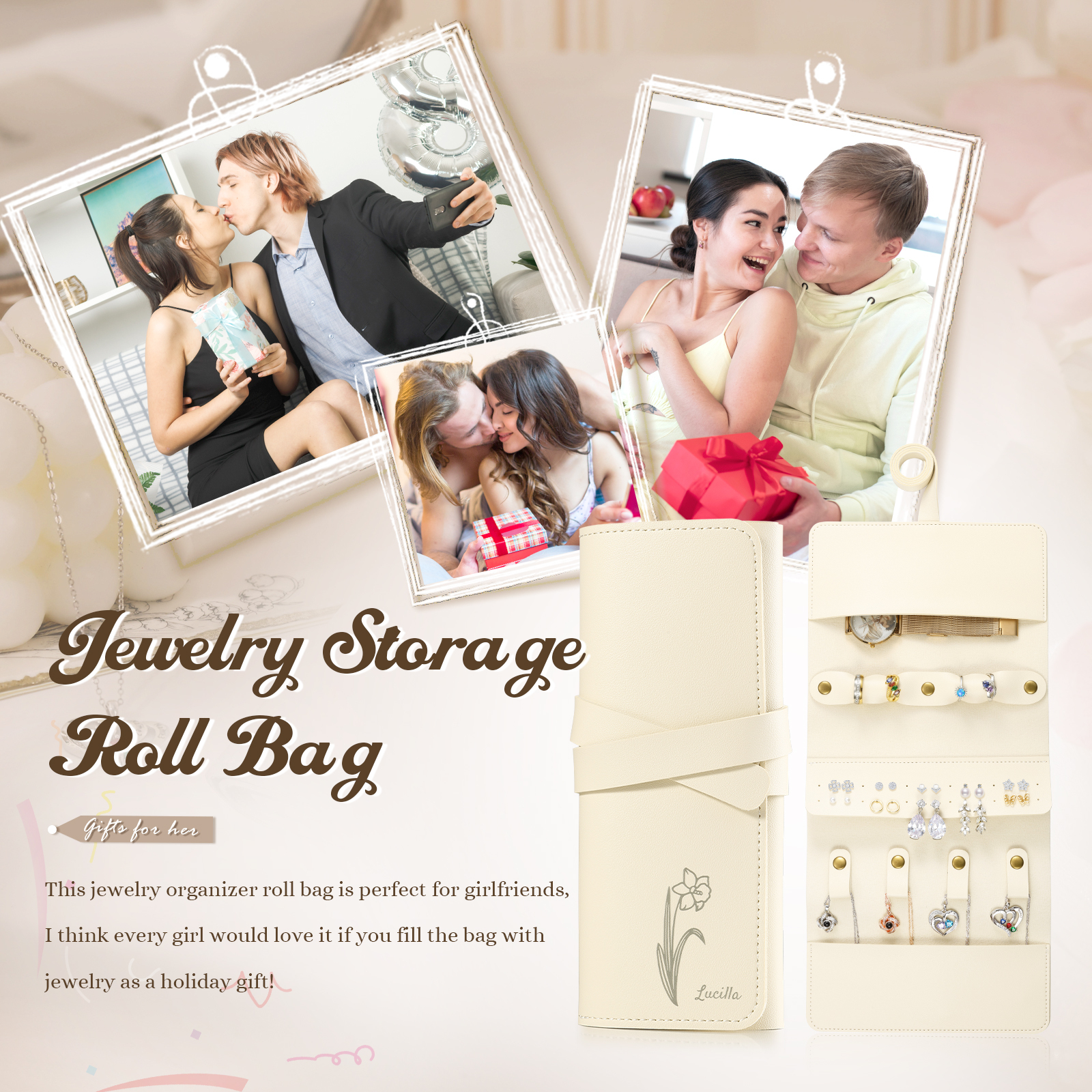 Personalised Jewellery Storage Roll Custom Birthday Flower Design Romantic Gift for Her | Lorajewel