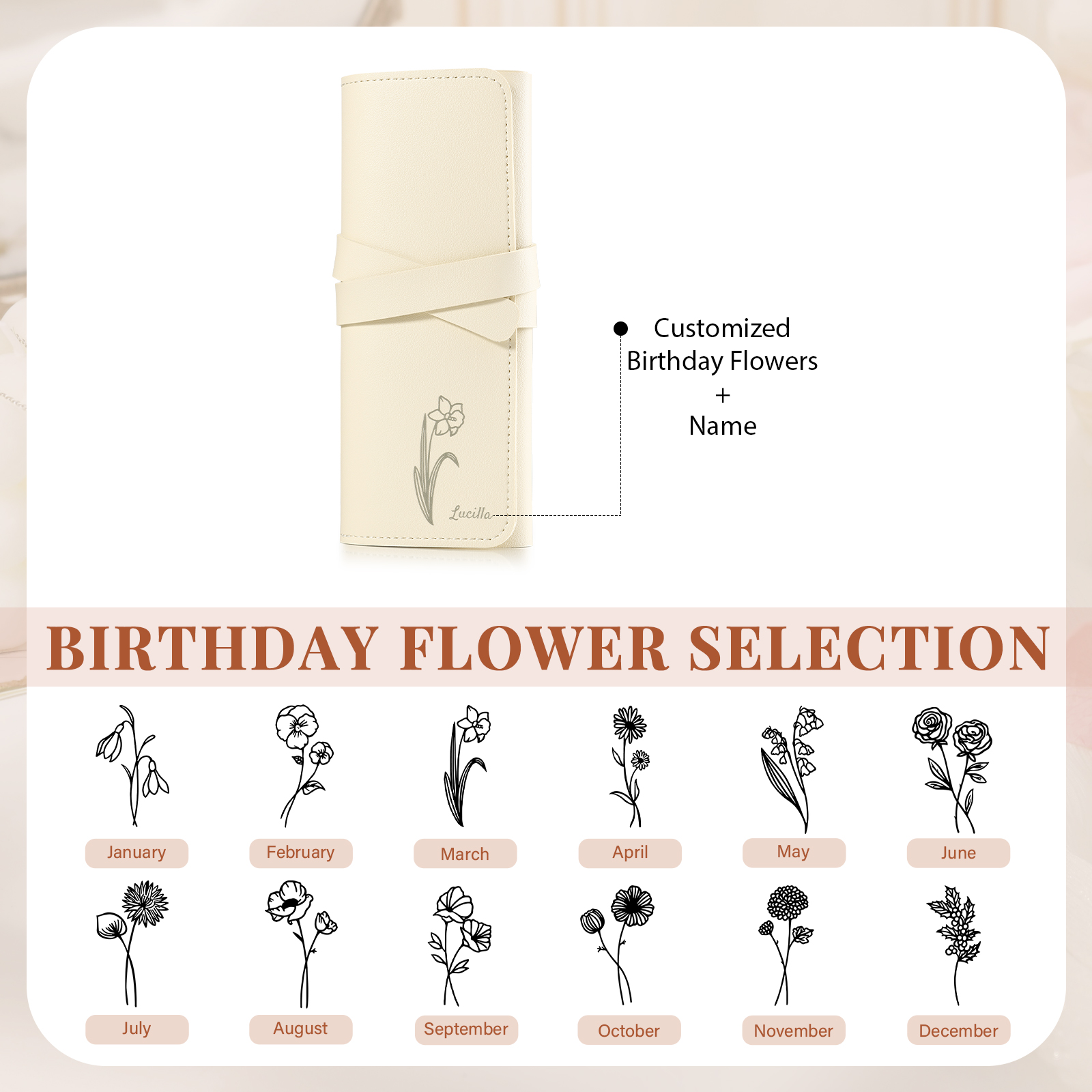 Personalised Jewellery Storage Roll Custom Birthday Flower Design Romantic Gift for Her | Lorajewel