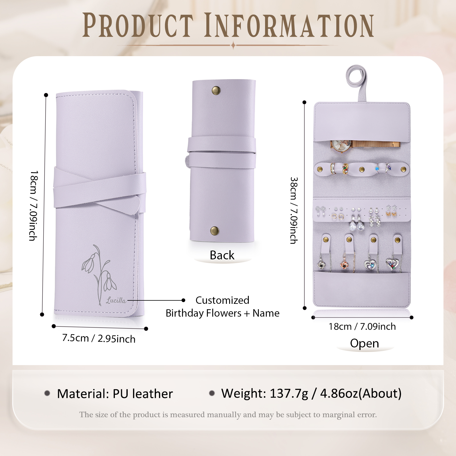 Personalised Jewellery Storage Roll Custom Birthday Flower Design Romantic Gift for Her | Lorajewel