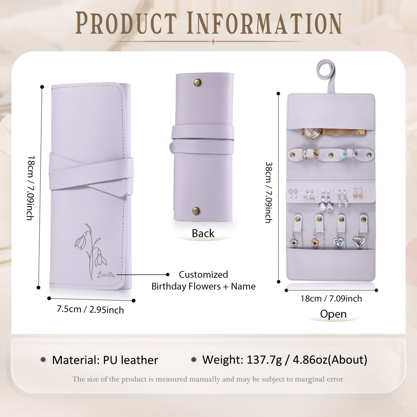 Personalised Jewellery Storage Roll Custom Birthday Flower Design Romantic Gift for Her | Lorajewel