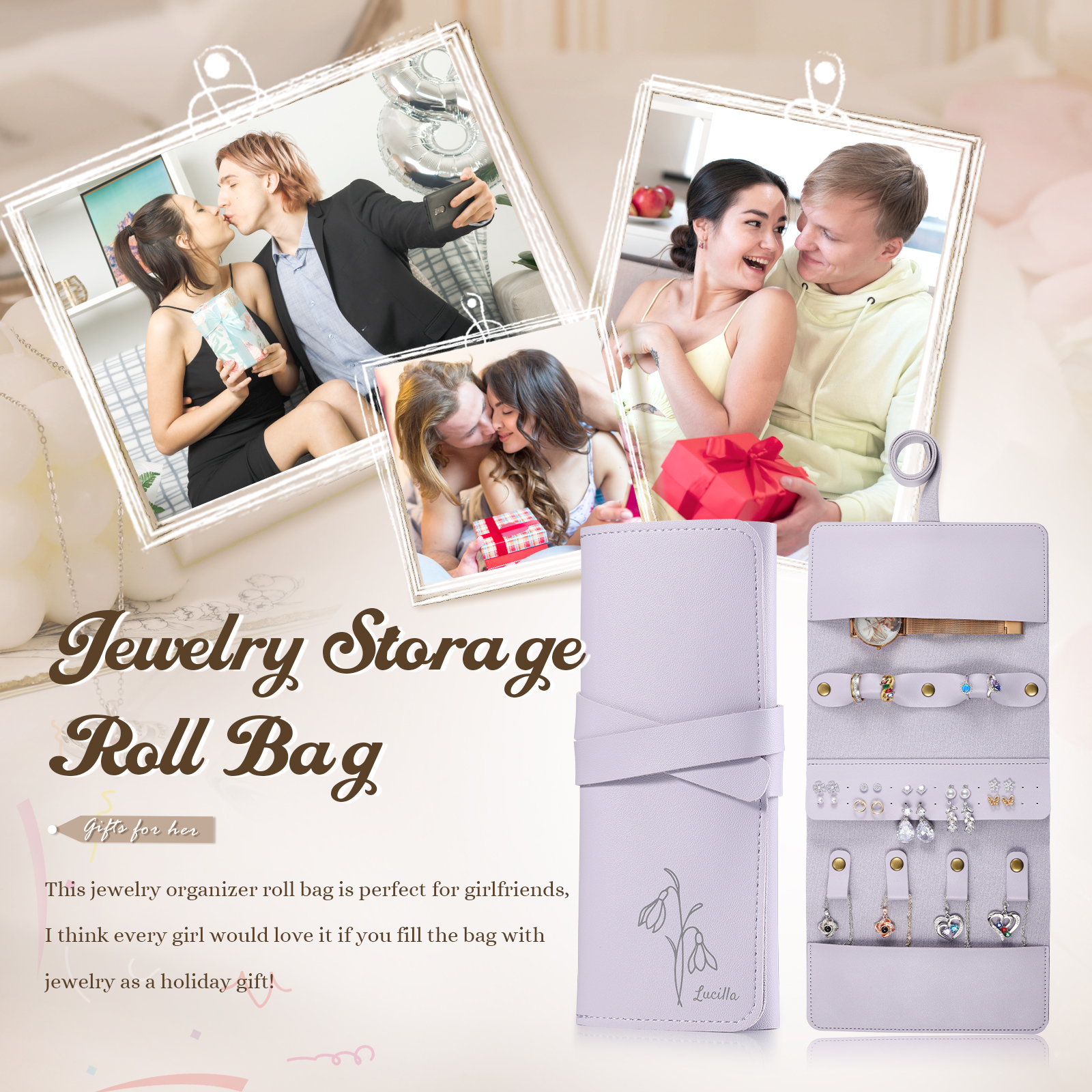 Personalised Jewellery Storage Roll Custom Birthday Flower Design Romantic Gift for Her | Lorajewel