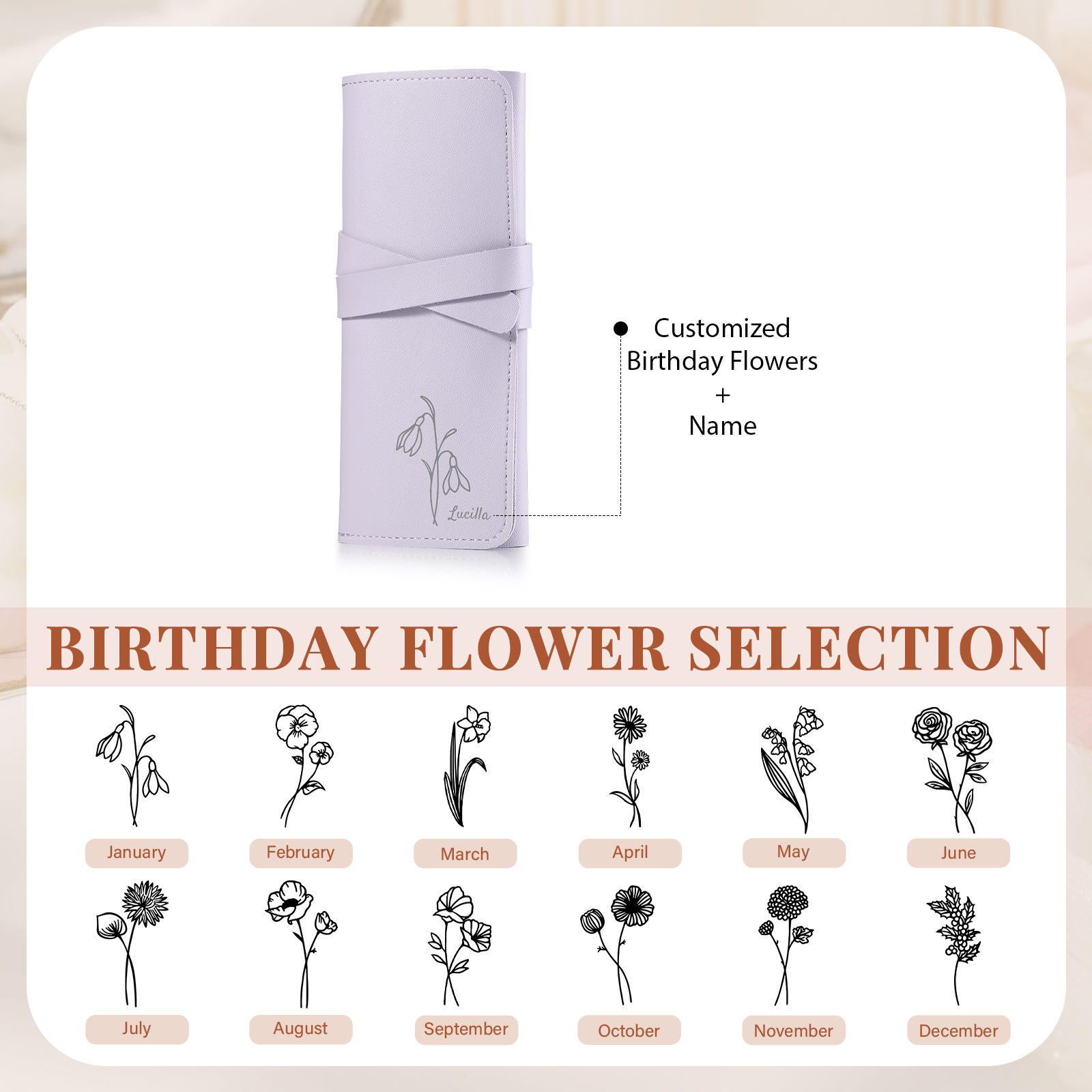 Personalised Jewellery Storage Roll Custom Birthday Flower Design Romantic Gift for Her | Lorajewel