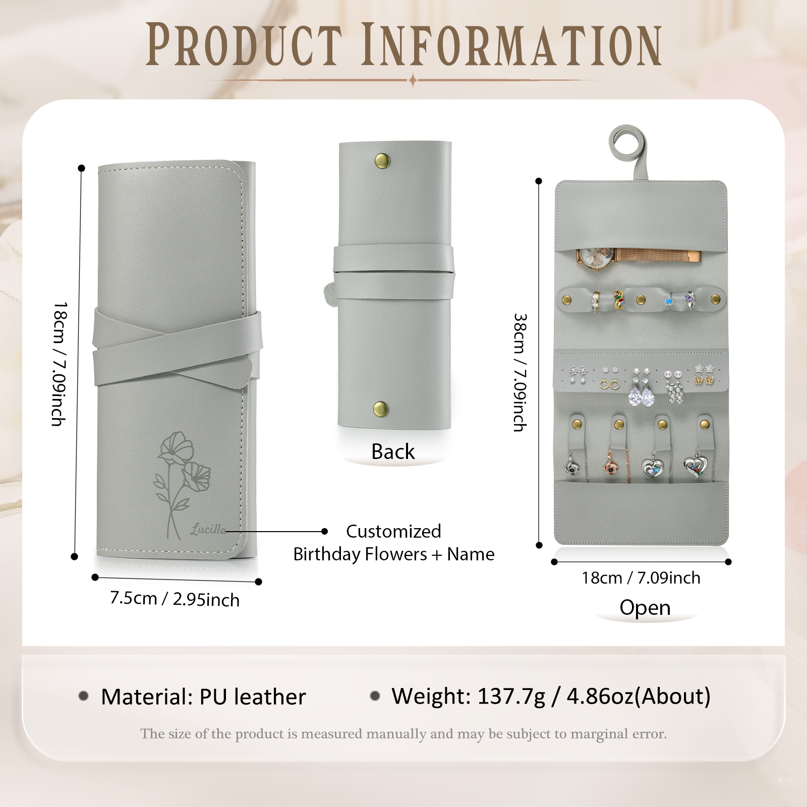 Personalised Jewellery Storage Roll Custom Birthday Flower Design Romantic Gift for Her | Lorajewel