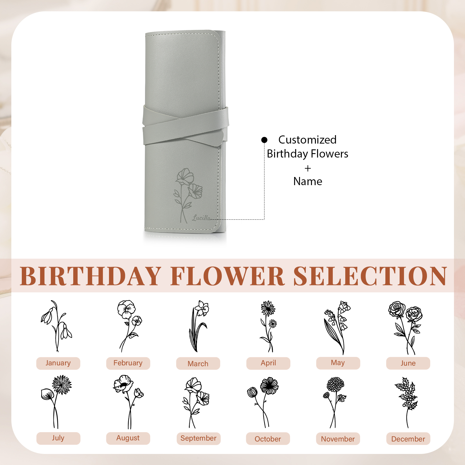 Personalised Jewellery Storage Roll Custom Birthday Flower Design Romantic Gift for Her | Lorajewel