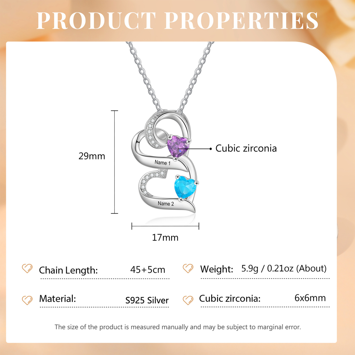 Personalized S925 Silver Double Heart Necklace Custom 2 Birthstones and Names Gift for Her