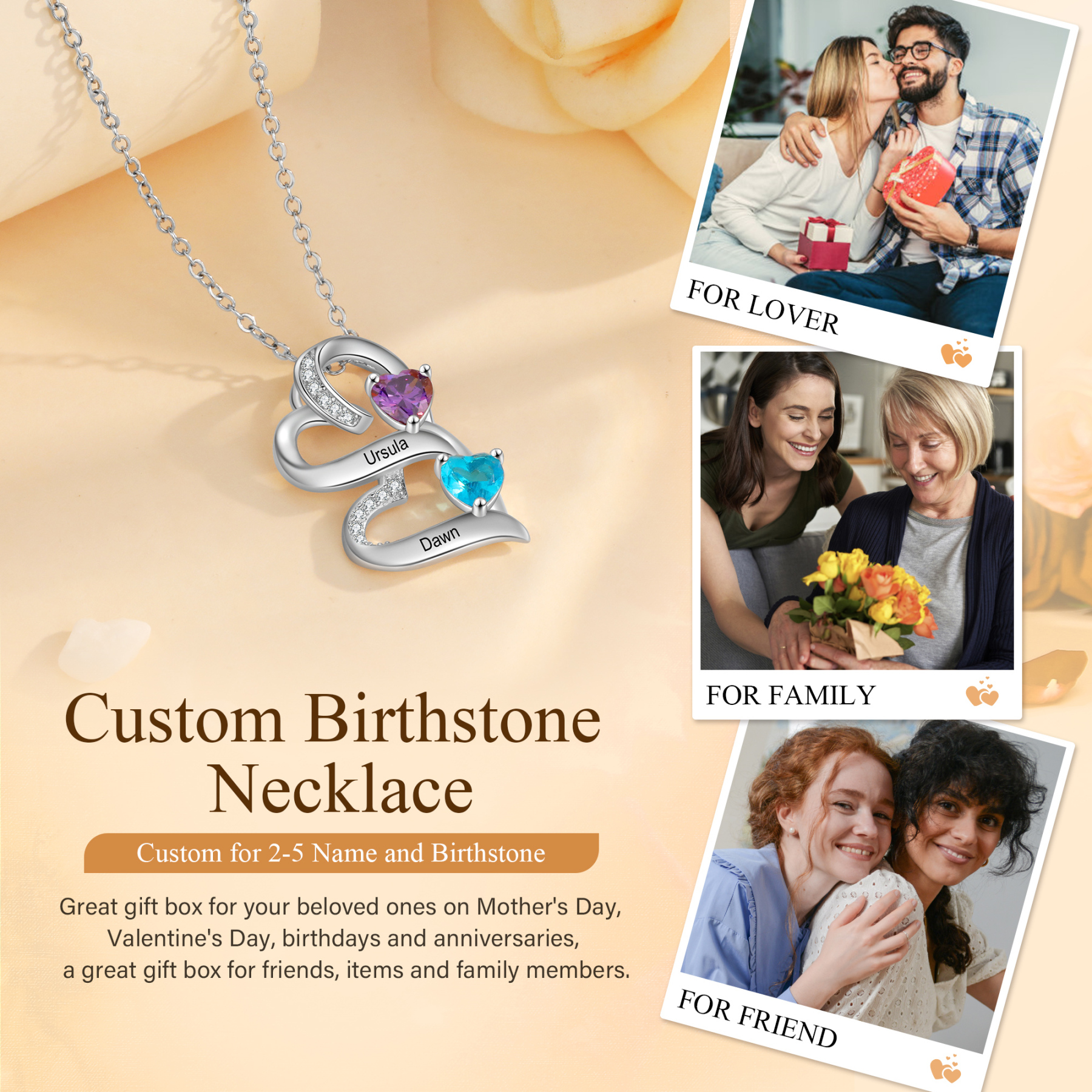 Personalized S925 Silver Double Heart Necklace Custom 2 Birthstones and Names Gift for Her