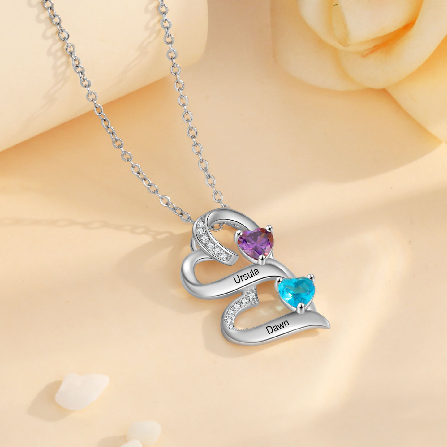 Personalized S925 Silver Double Heart Necklace Custom 2 Birthstones and Names Gift for Her