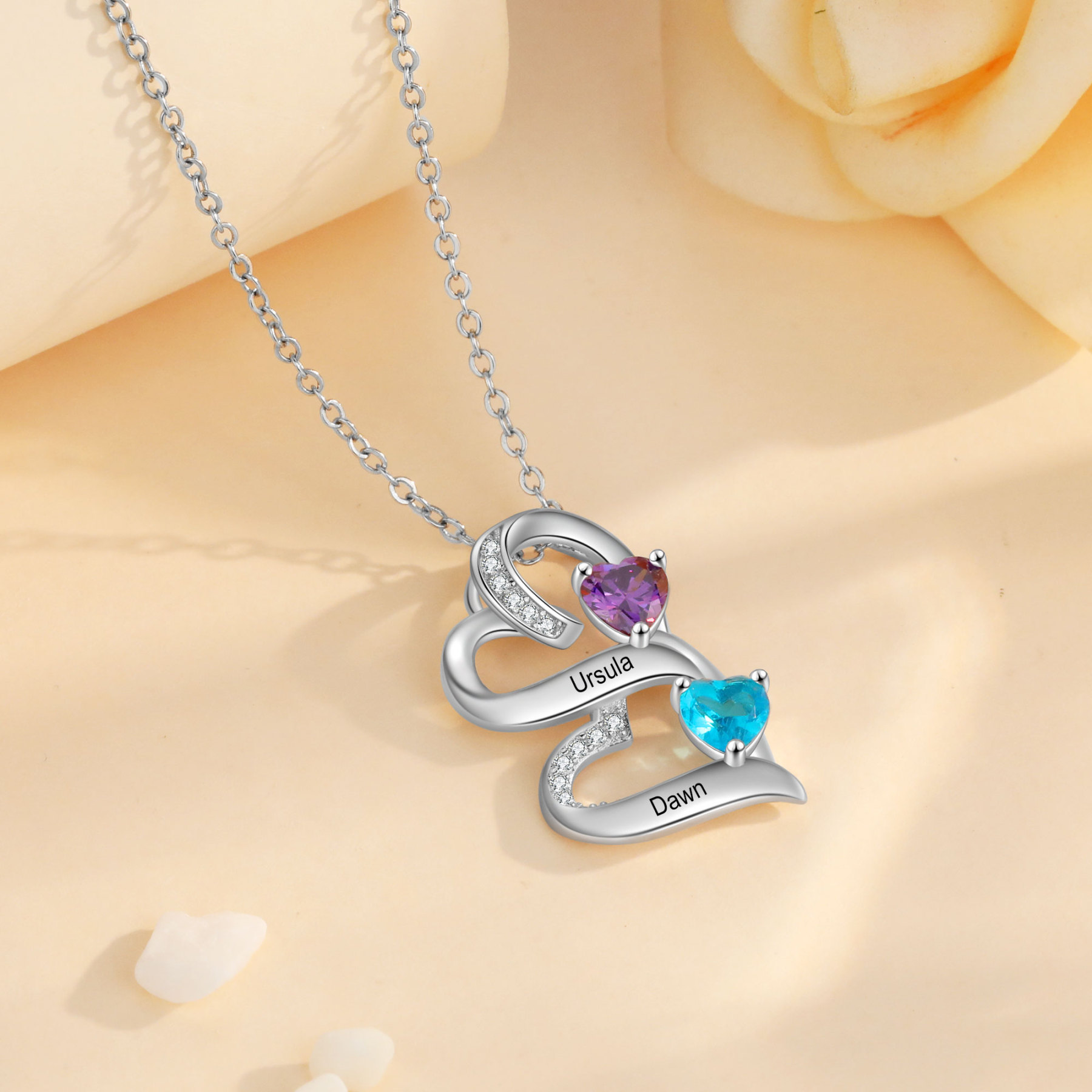 Personalized S925 Silver Double Heart Necklace Custom 2 Birthstones and Names Gift for Her