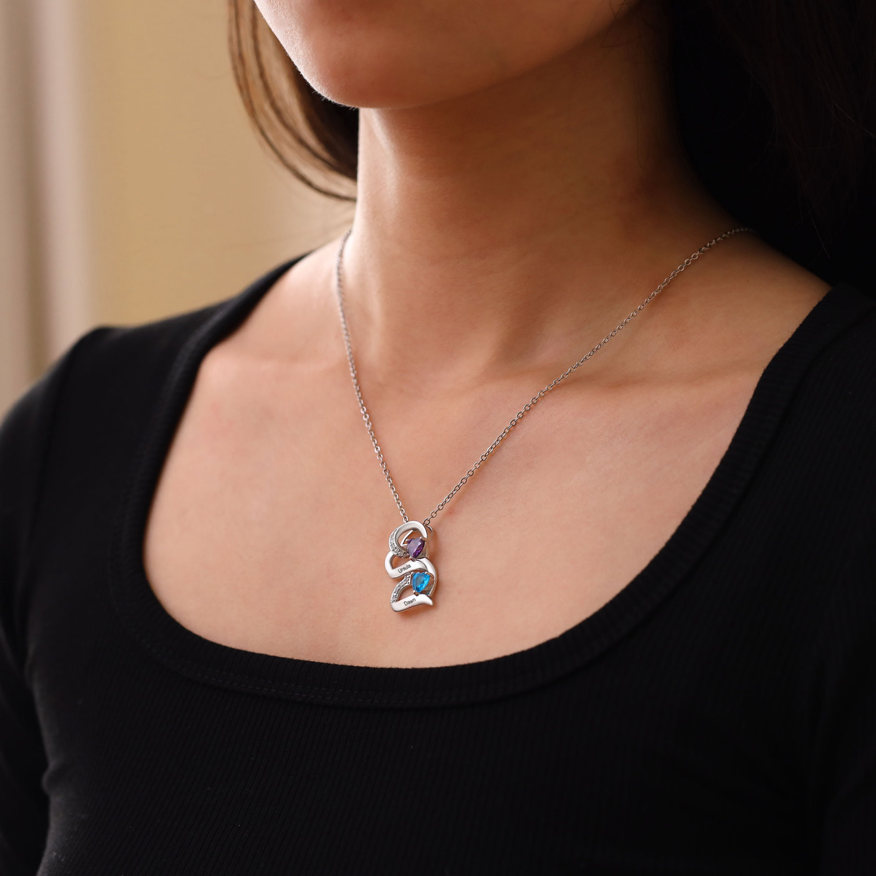 Personalized S925 Silver Double Heart Necklace Custom 2 Birthstones and Names Gift for Her