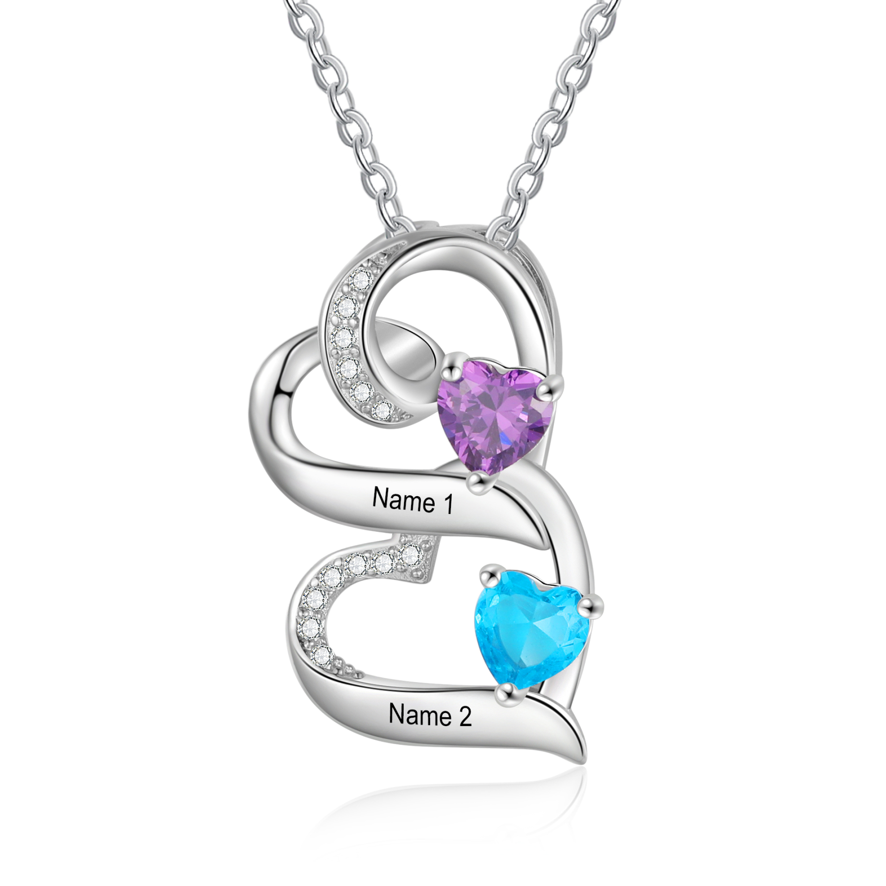 Personalized S925 Silver Double Heart Necklace Custom 2 Birthstones and Names Gift for Her