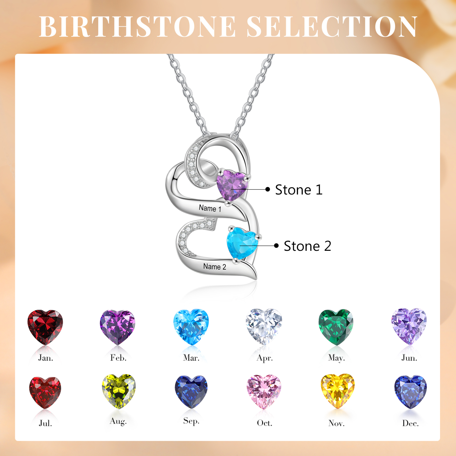 Personalized S925 Silver Double Heart Necklace Custom 2 Birthstones and Names Gift for Her