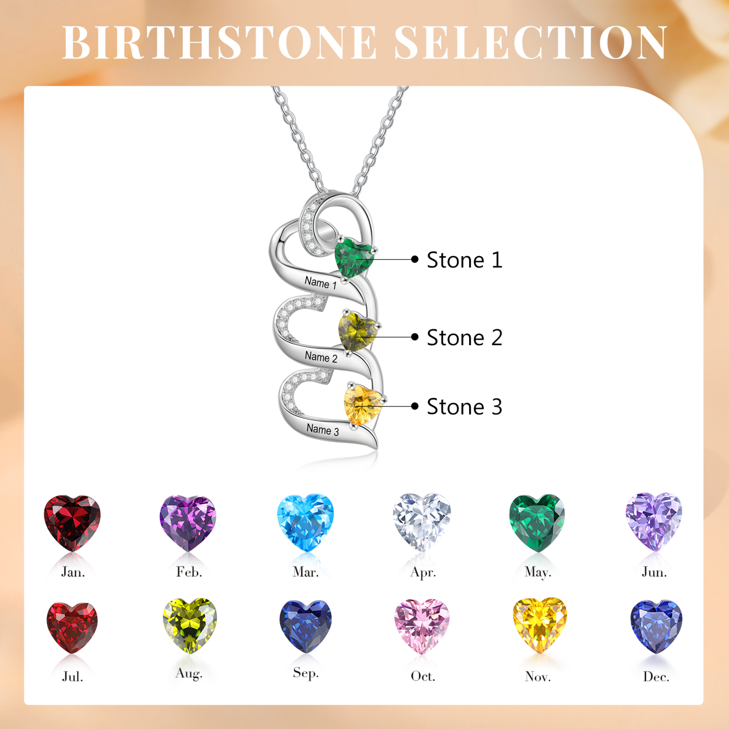 Personalized S925 Silver Heart Necklace Custom 3 Birthstones and Names Gift for Her