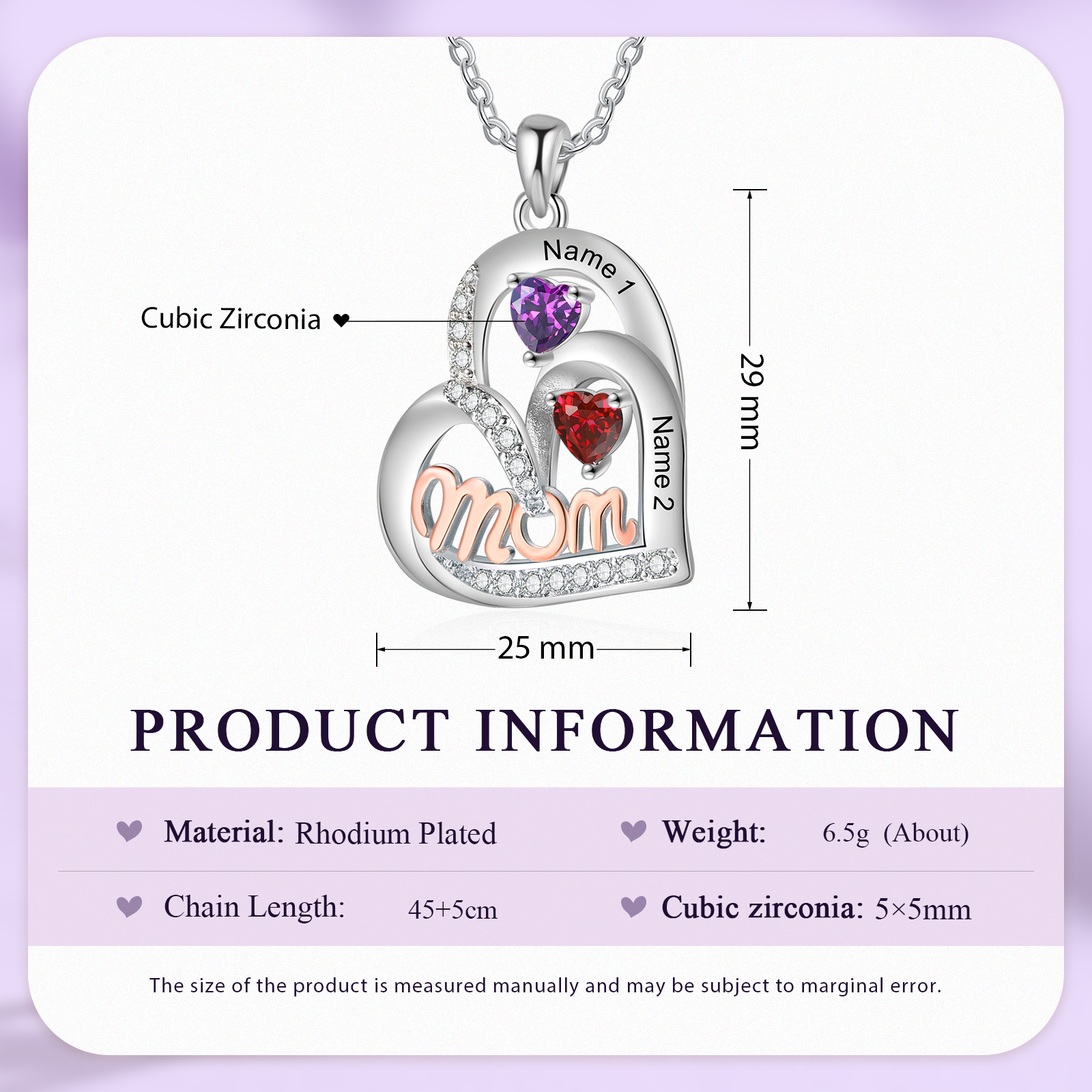 2 Names Custom Heart Pendant – Personalised Birthstone Bracelet-Style Necklace for Mum | Lorajewel